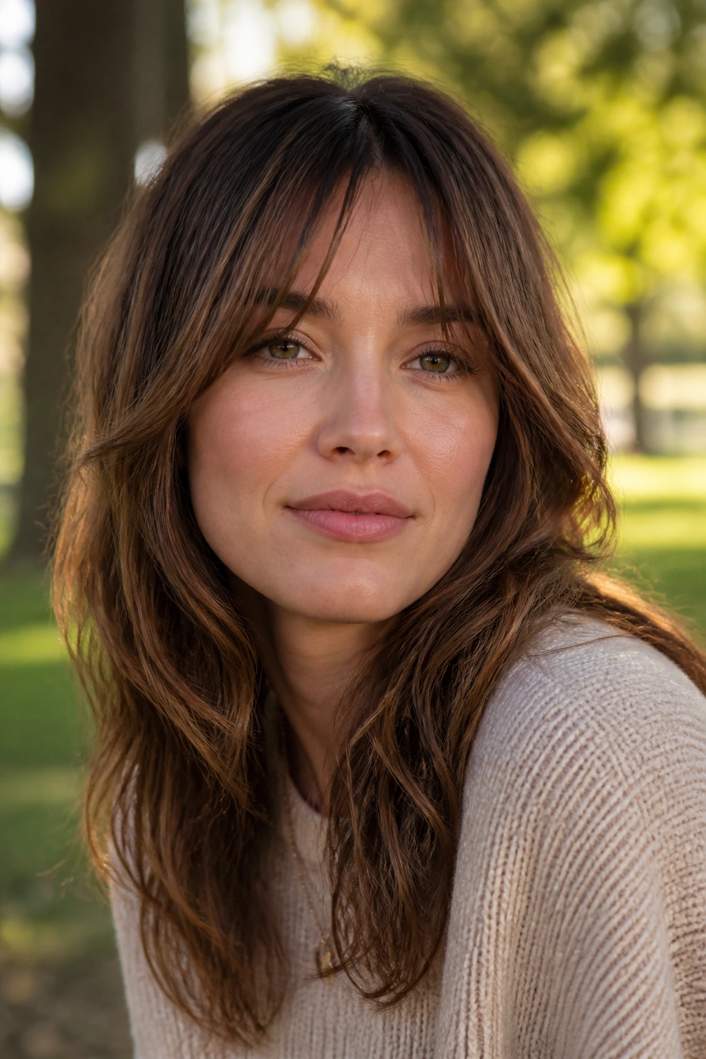 Close-up portrait of a real woman with an air-dried split fringe