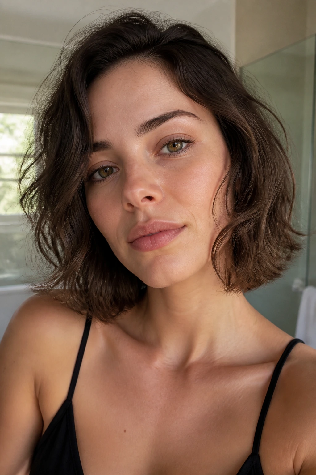 Real woman with air-dried texture bob in bright daylight