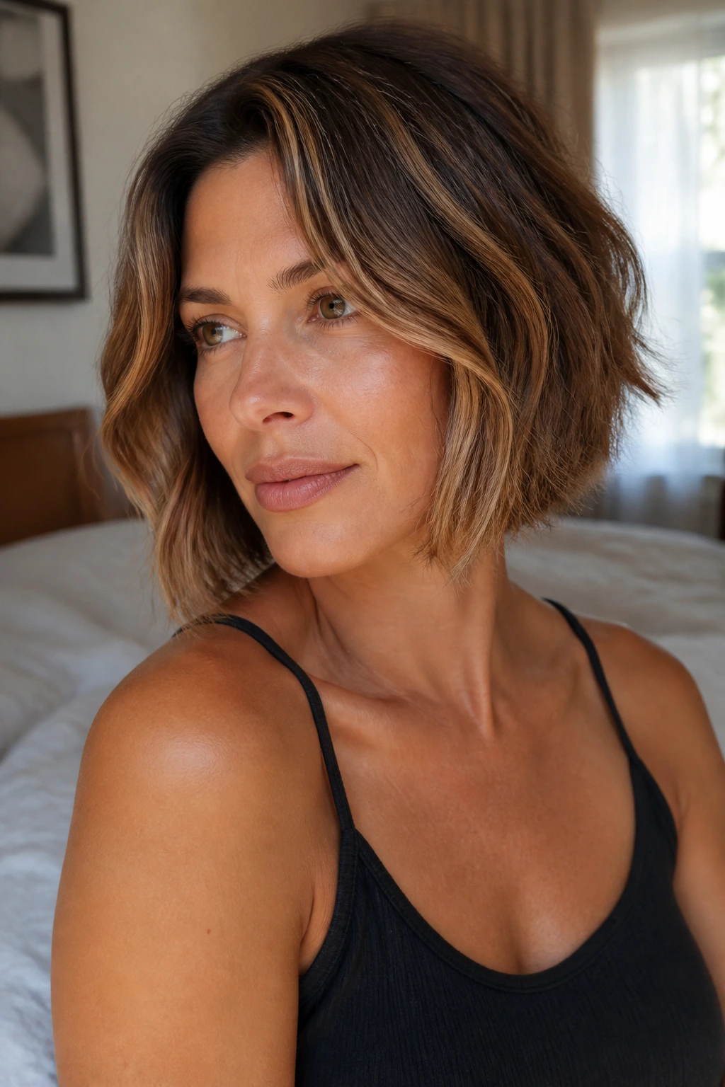 Close-up of woman with natural hair texture and soft caramel highlights around the face