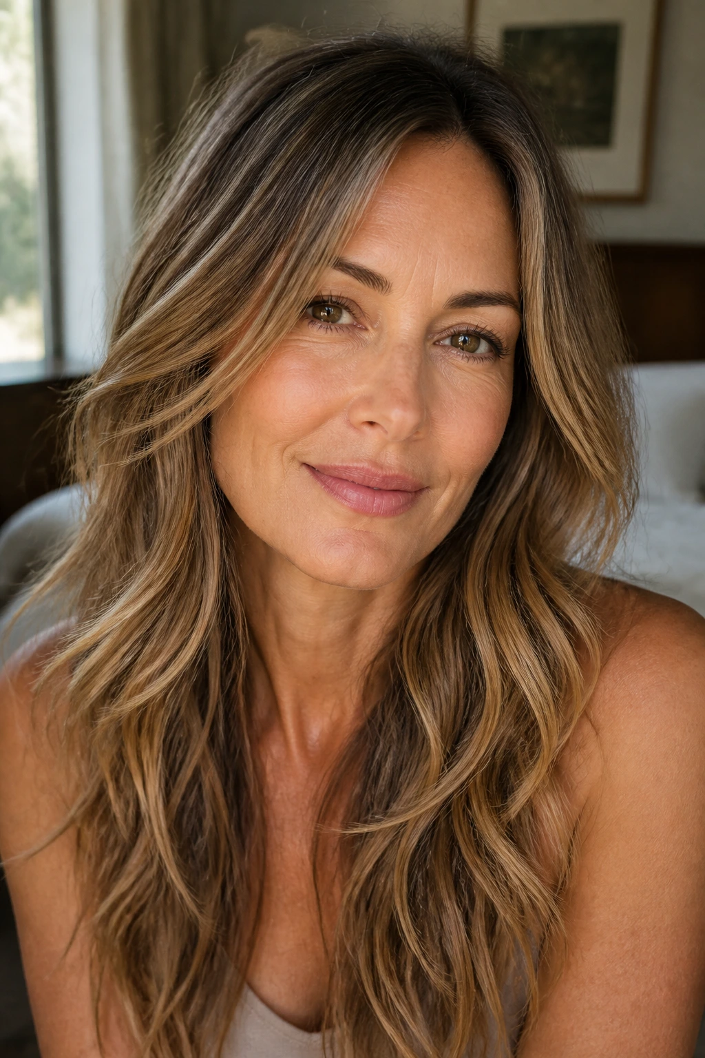Close-up of a real woman showing air-dried hair texture and creamy finish with babylights.