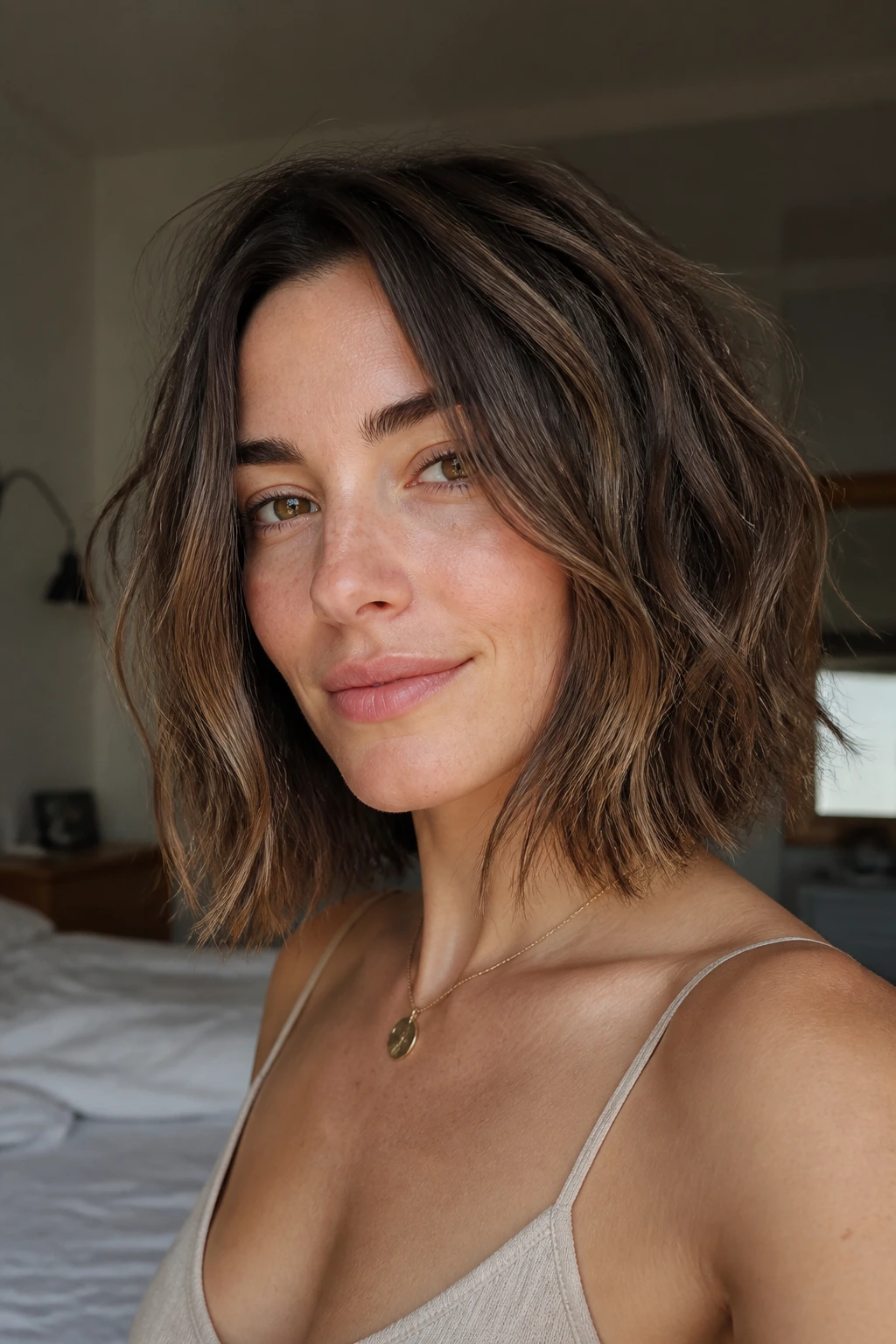 Real woman with air-dried texture lob showing natural waves