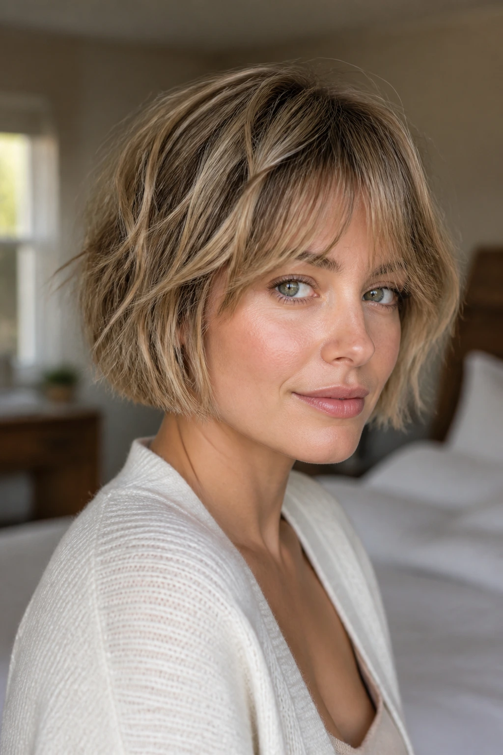 Close-up portrait of a woman with a short textured bob showing air-dried movement
