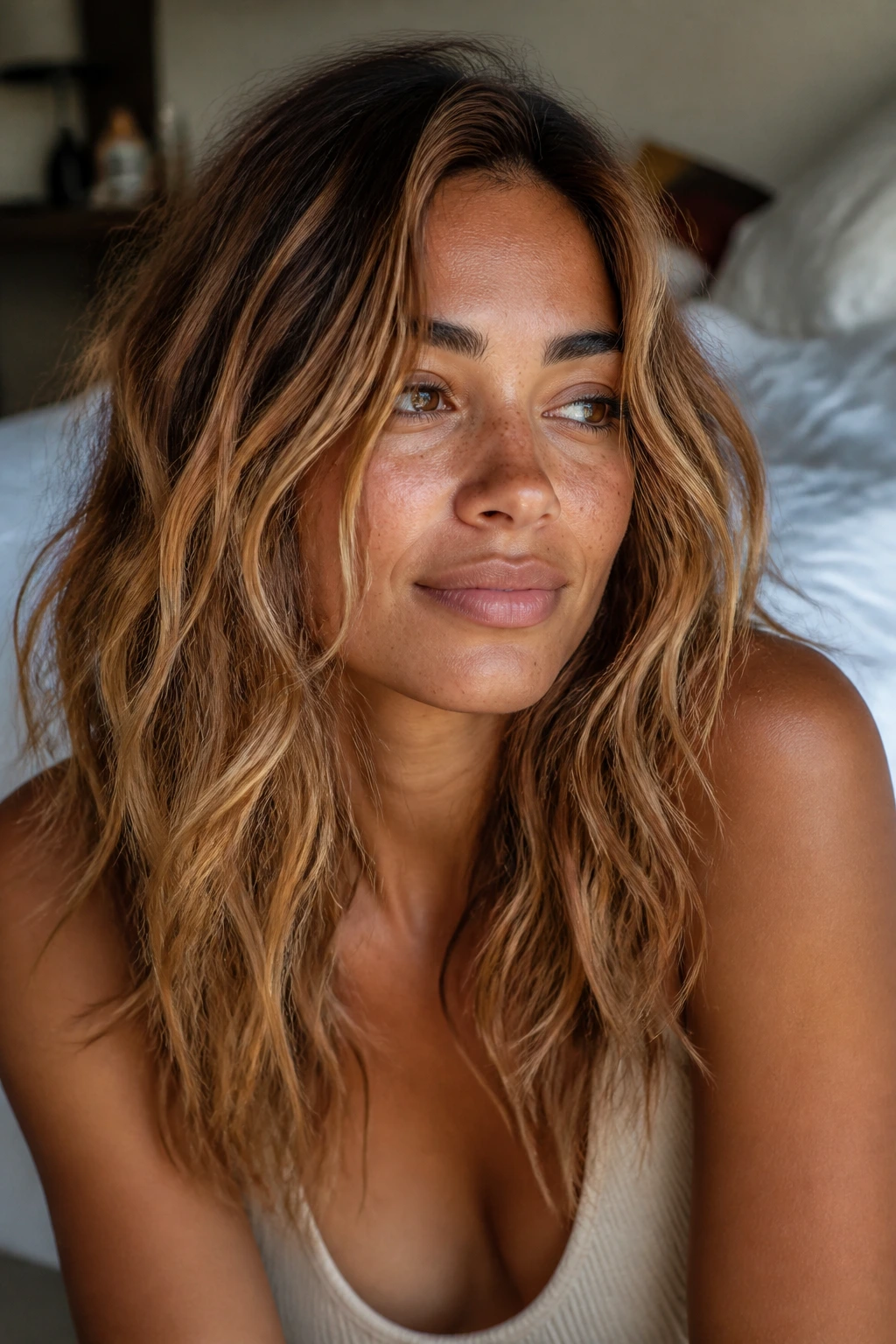 Close-up of a real woman's hair with air-dried natural texture and strawberry blonde balayage on tan skin