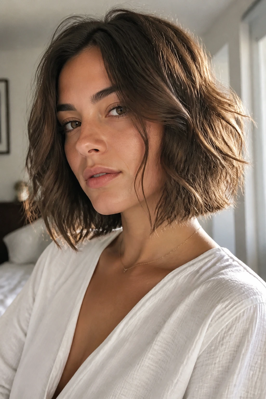 Portrait of a real woman with an air-dried tousled bob in natural light