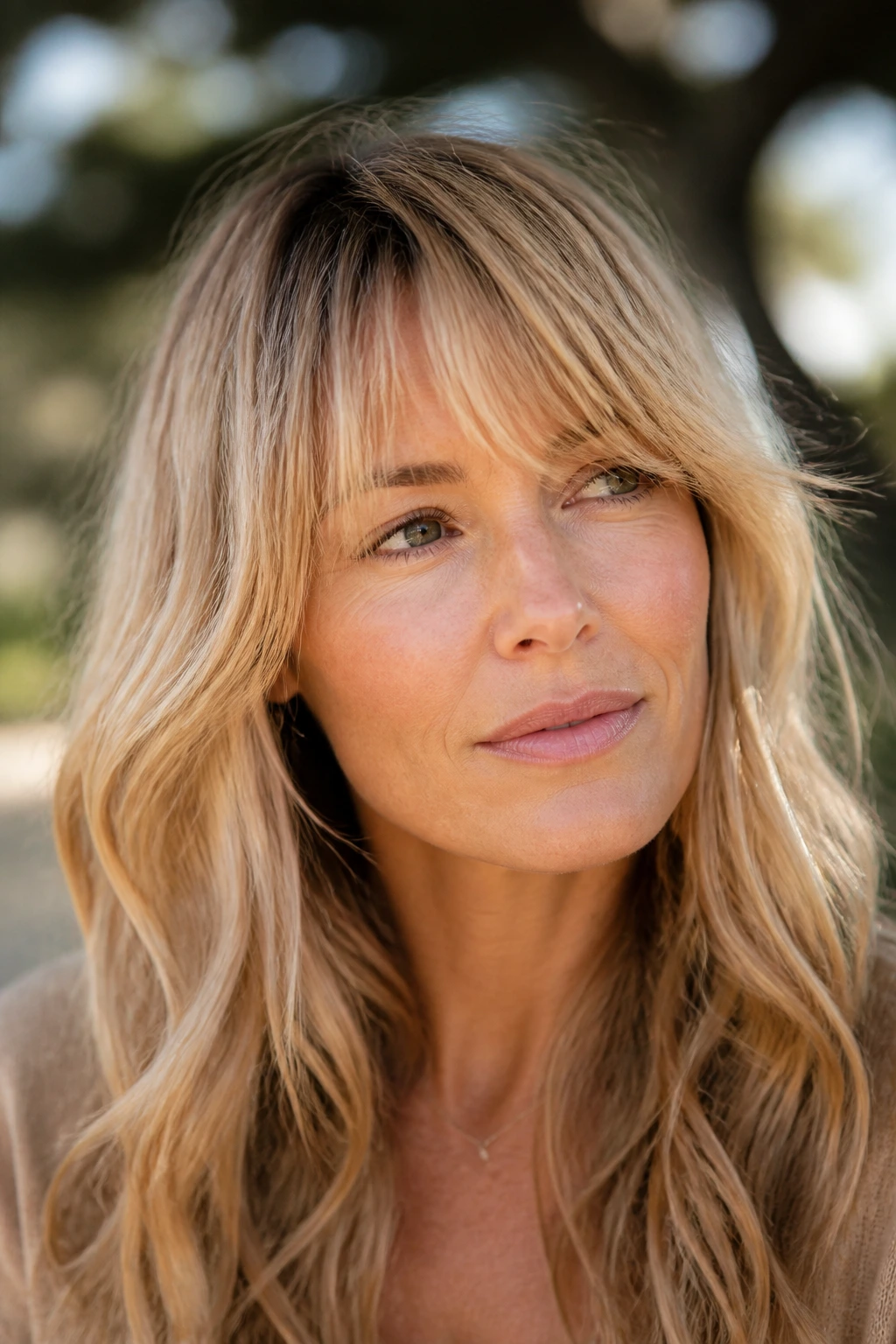 Close-up of air-dried tousled bangs in dusty champagne tones on a real person in natural sun.