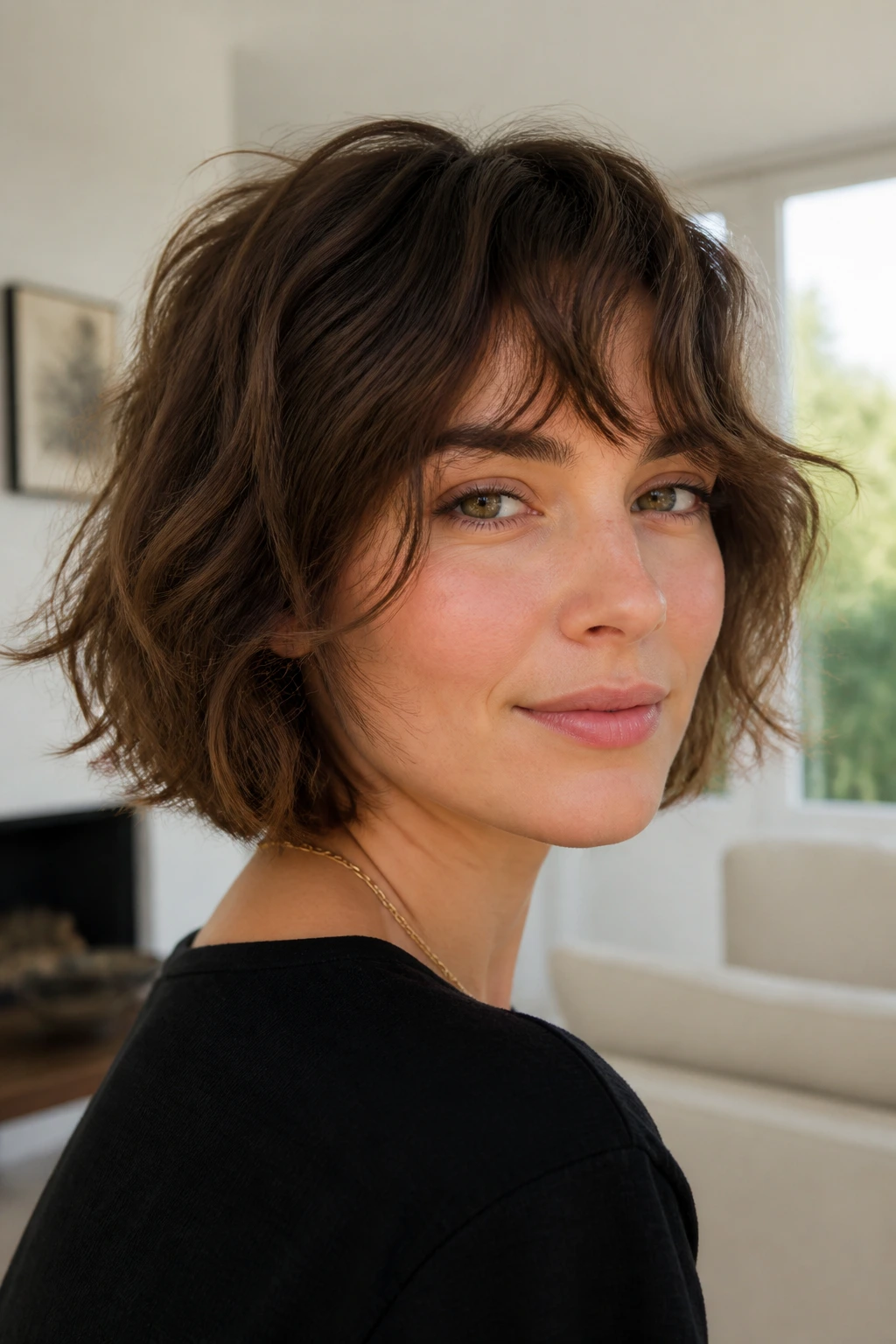 Close-up of a real woman with an air-dried undone bob and natural waves
