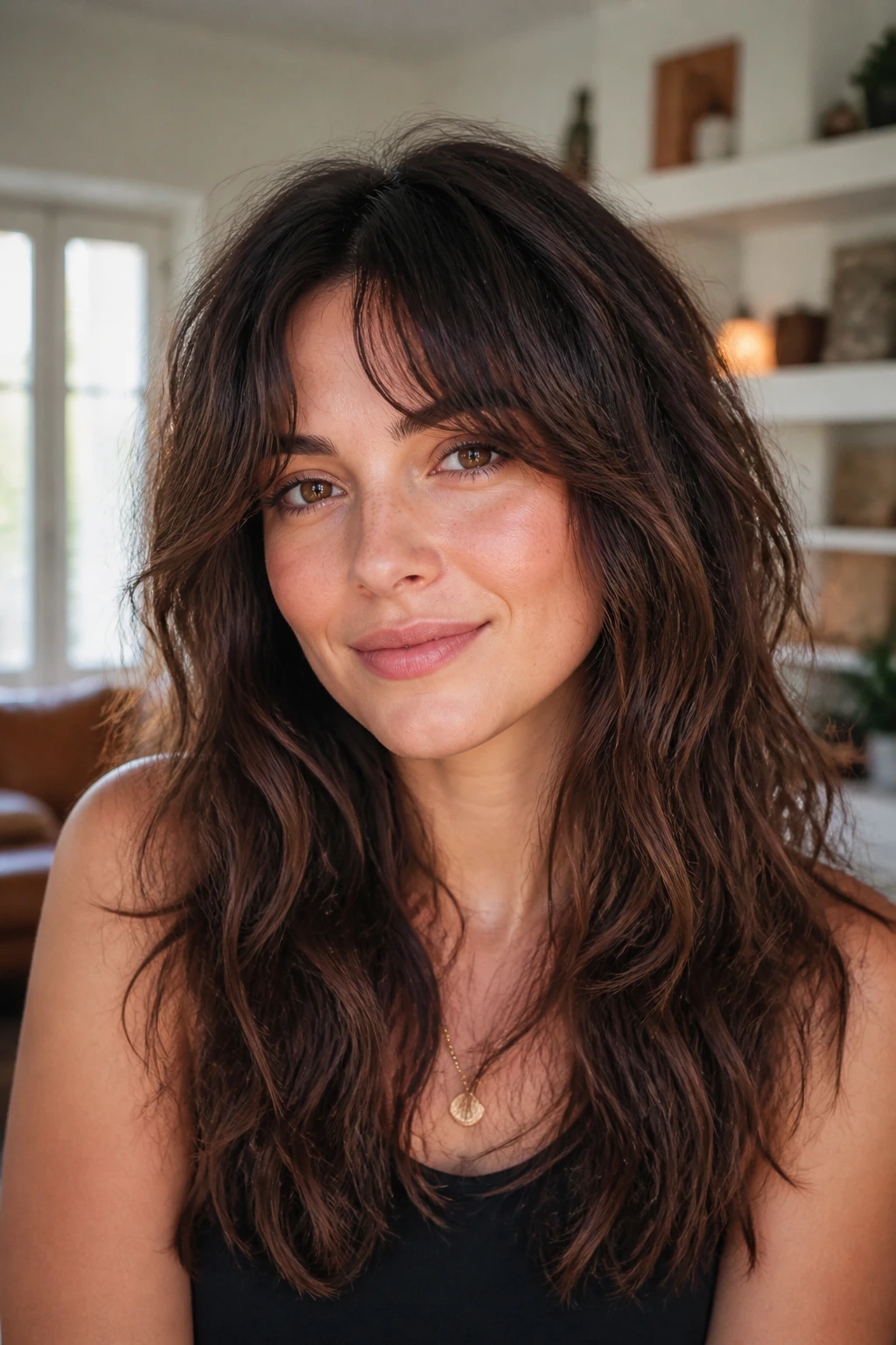 Close-up of a real woman with air-dried wave bangs and center split in daylight