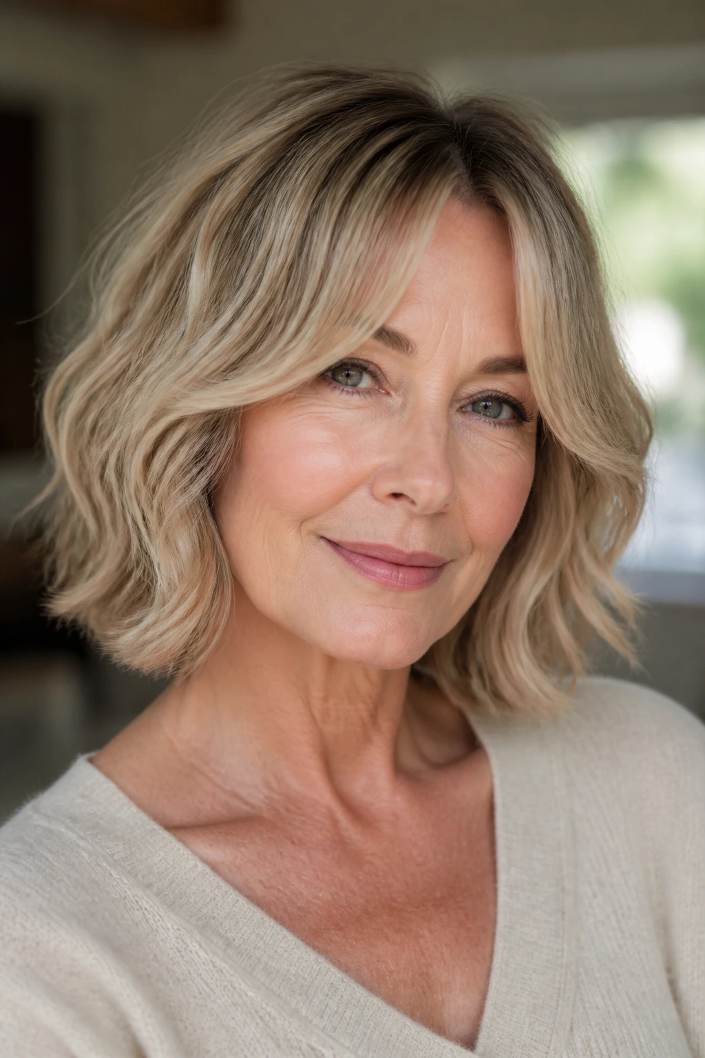 Close-up portrait of a woman with an air-dried wave bob and soft curtain bangs