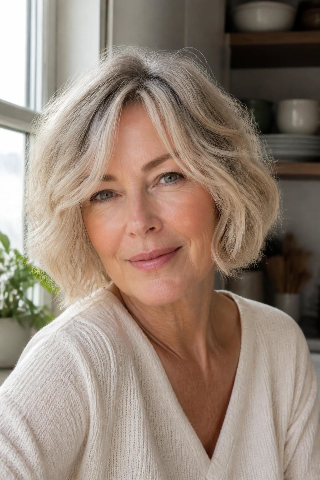 Real woman with air-dried wave bob showing lift at roots in sunlit kitchen