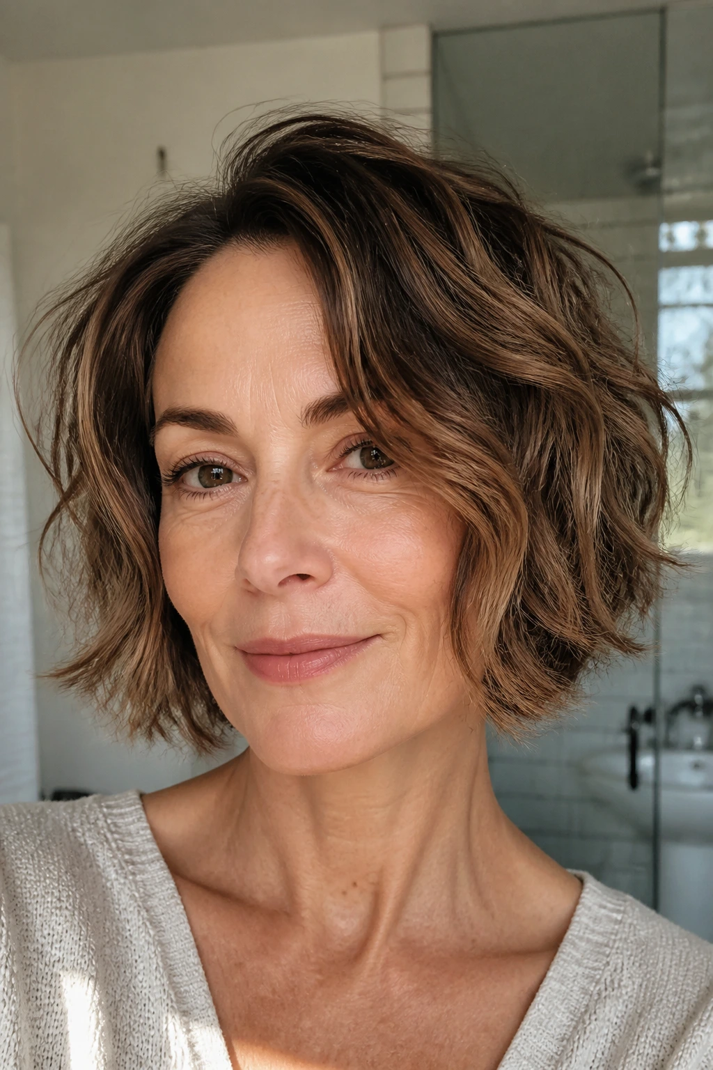 Close-up of a real woman with an air-dried wave bob and natural texture