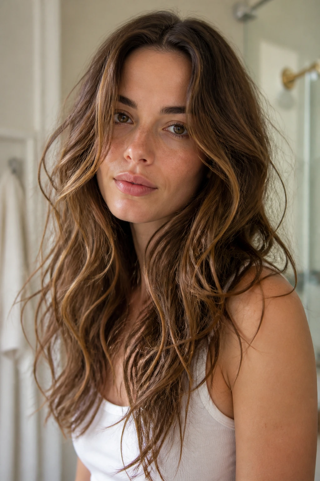 Portrait of a woman with natural air-dried waves and soft framing