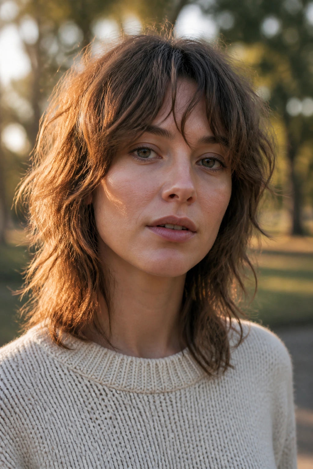Close-up of real person with air-dried wave shag in golden hour park