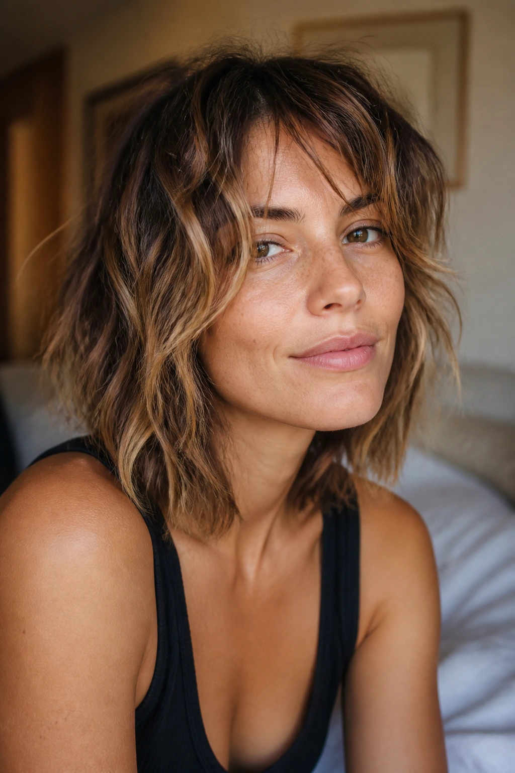Portrait of a person with an air-dried wave shag hairstyle