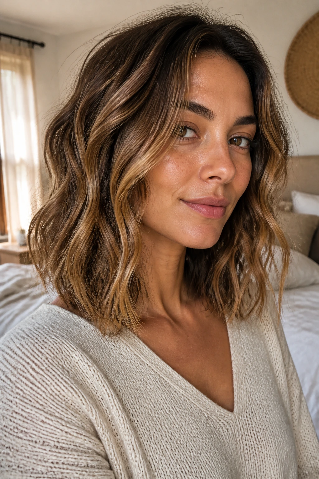 Close-up portrait of a real woman with shoulder-length air-dried waves and caramel highlights in a sunlit bedroom