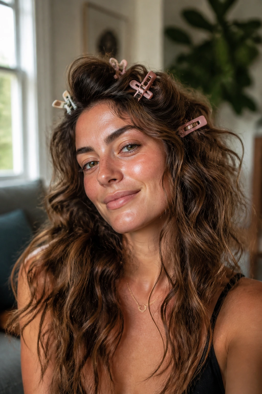 Close-up portrait of a real person with air-dried scrunched waves and crown clips