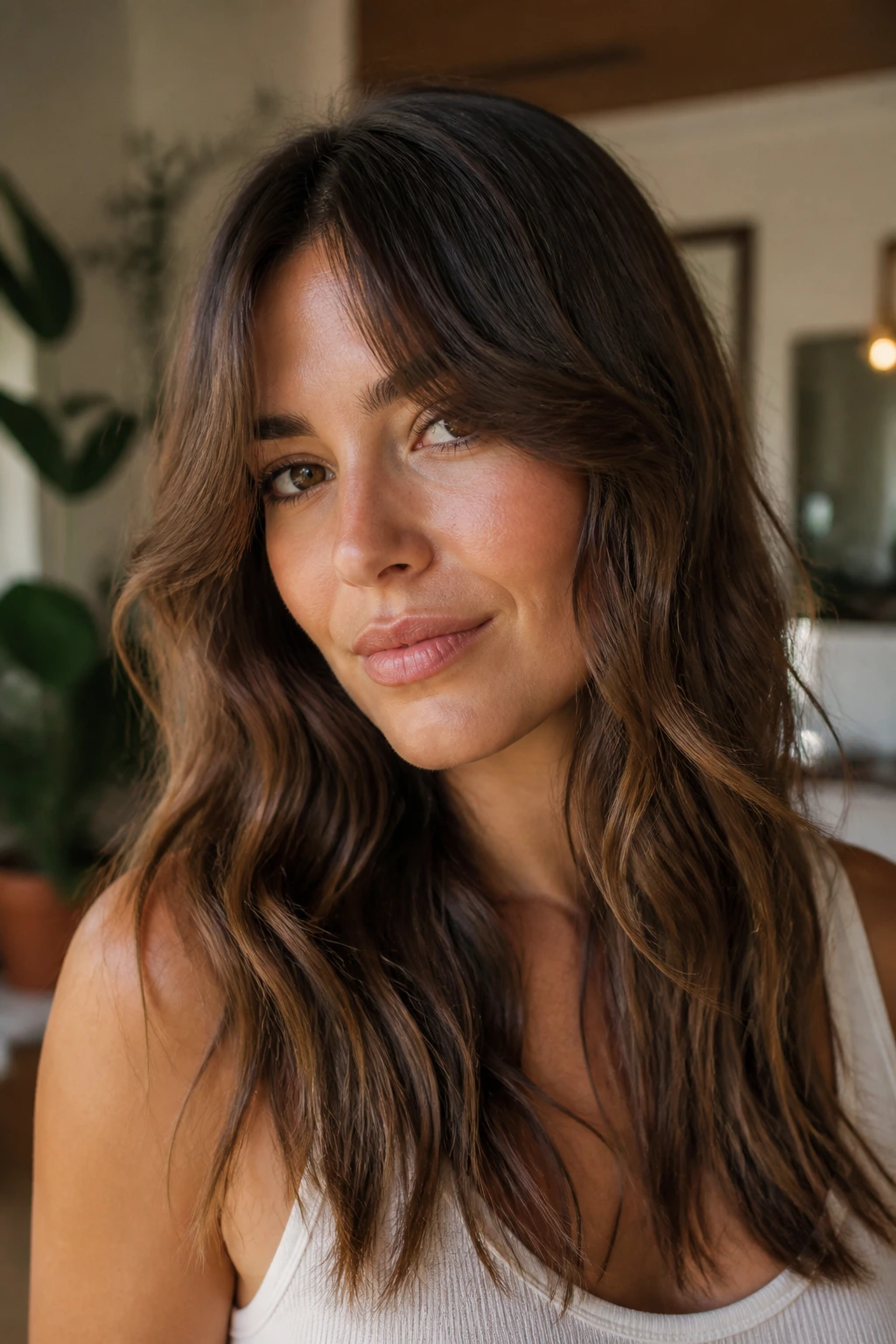 Close-up of a real woman with air-dried waves and loose curtain fringe