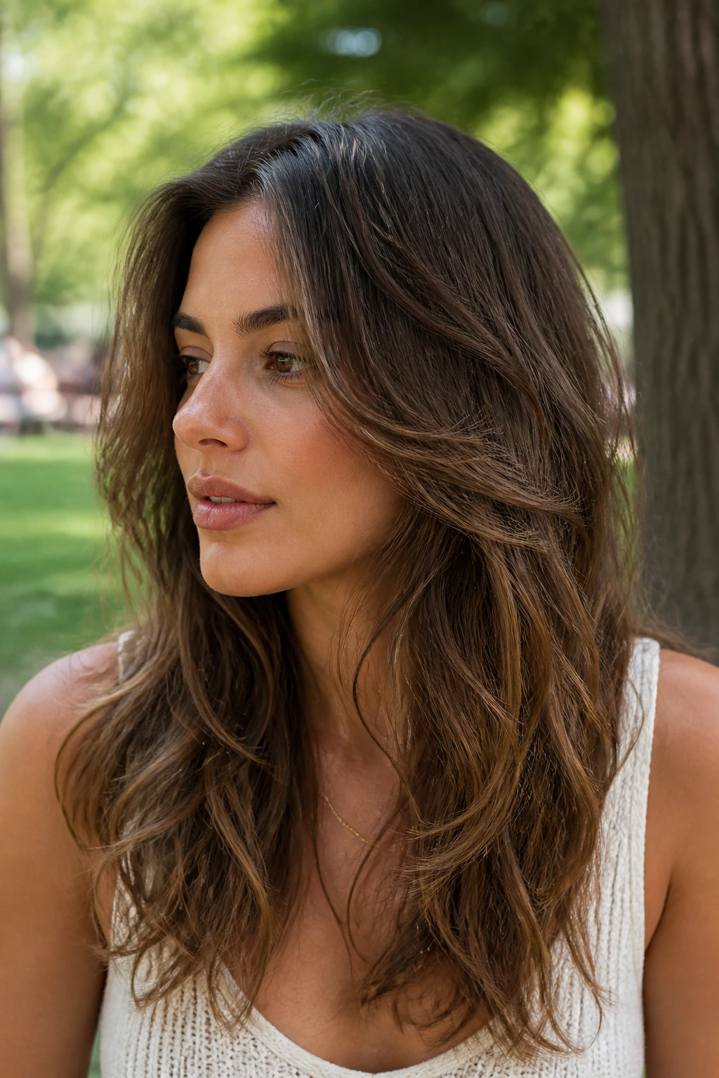Close-up of a real woman with air-dried waves and feathered framing in outdoor light