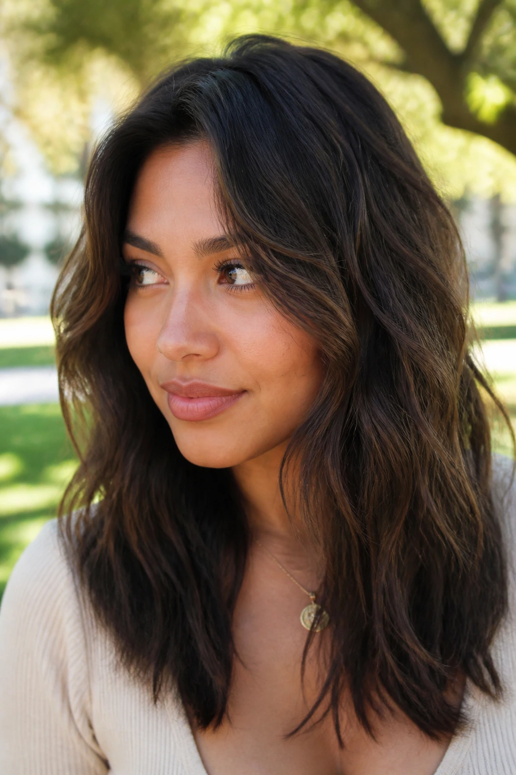 Portrait of a real woman with air-dried waves and invisible layers