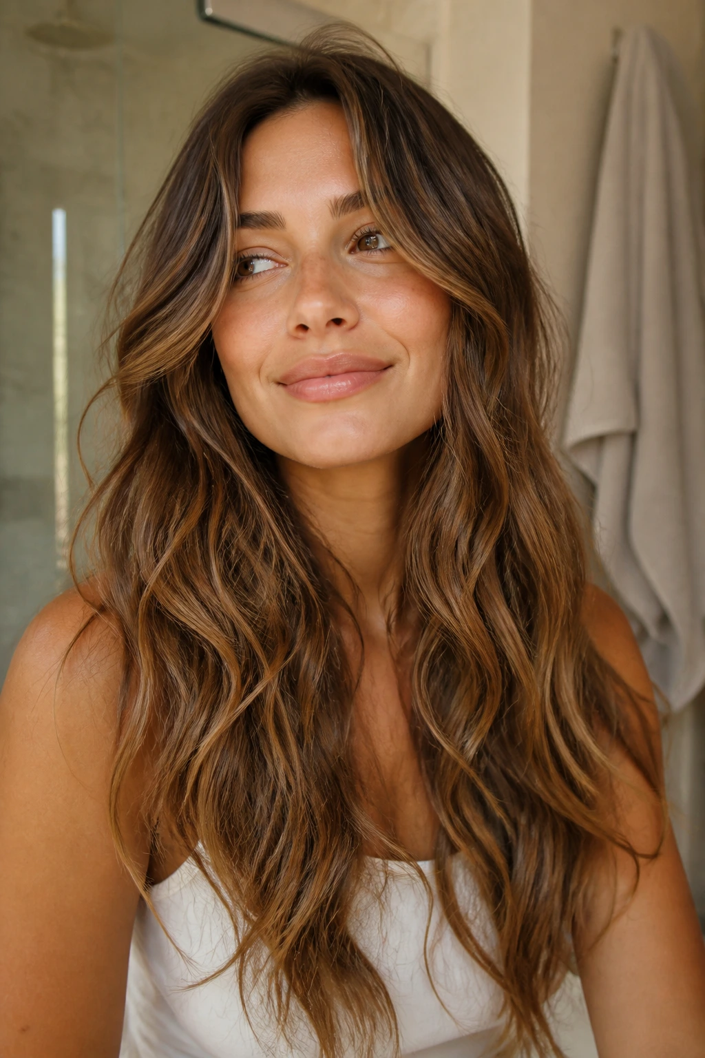 Portrait of a real woman with air-dried waves and soft internal layers in a bathroom.