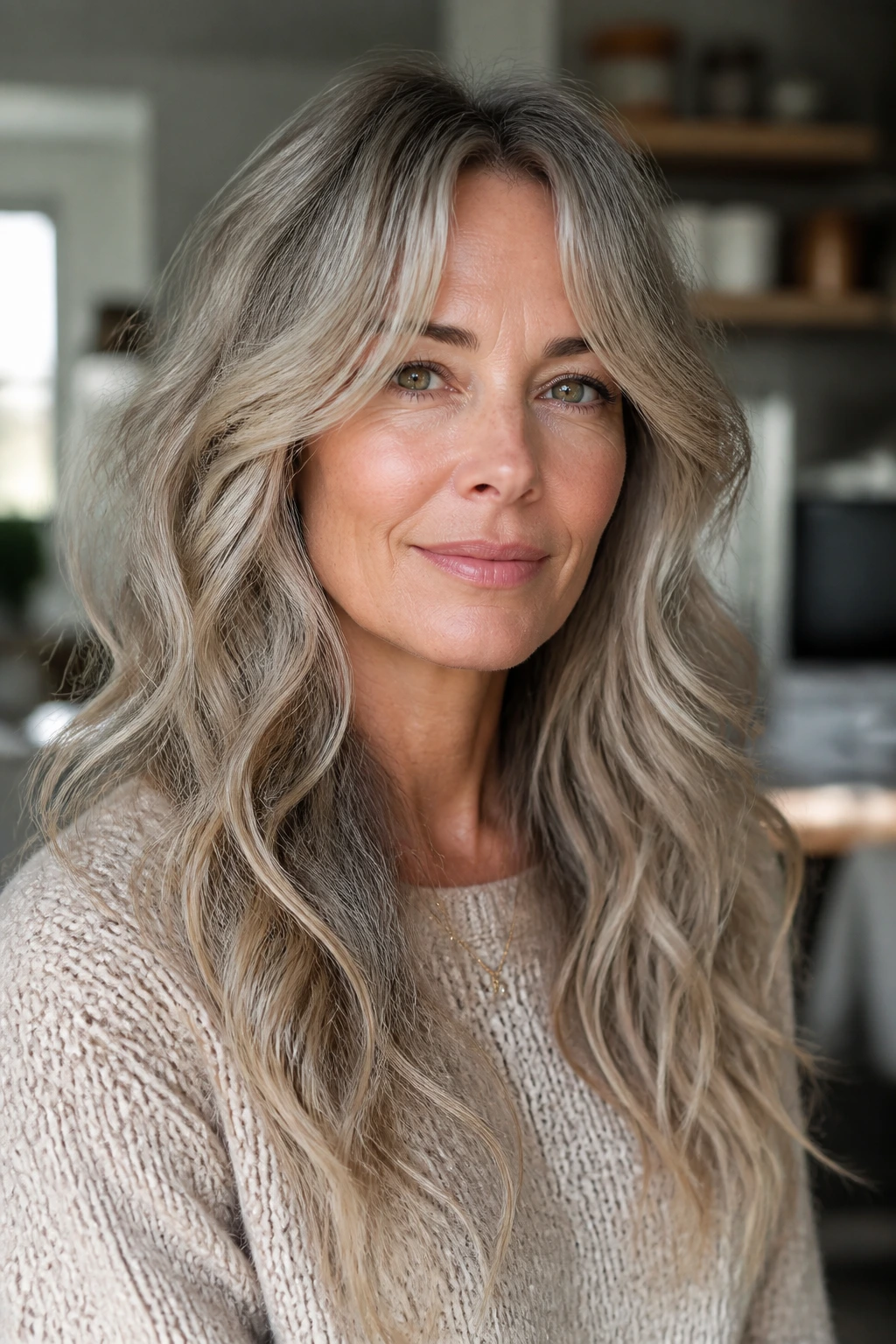 Close-up of a real woman with air-dried waves and hidden support layers