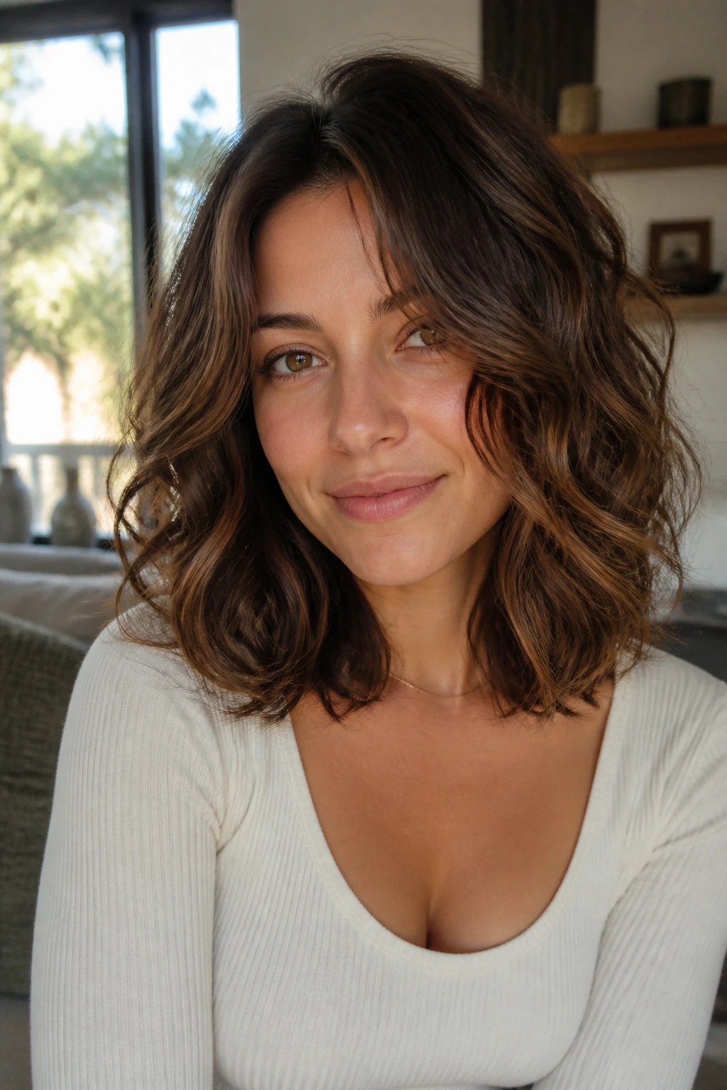 Close-up of a woman with soft air-dried waves and internal layers in medium-length hair
