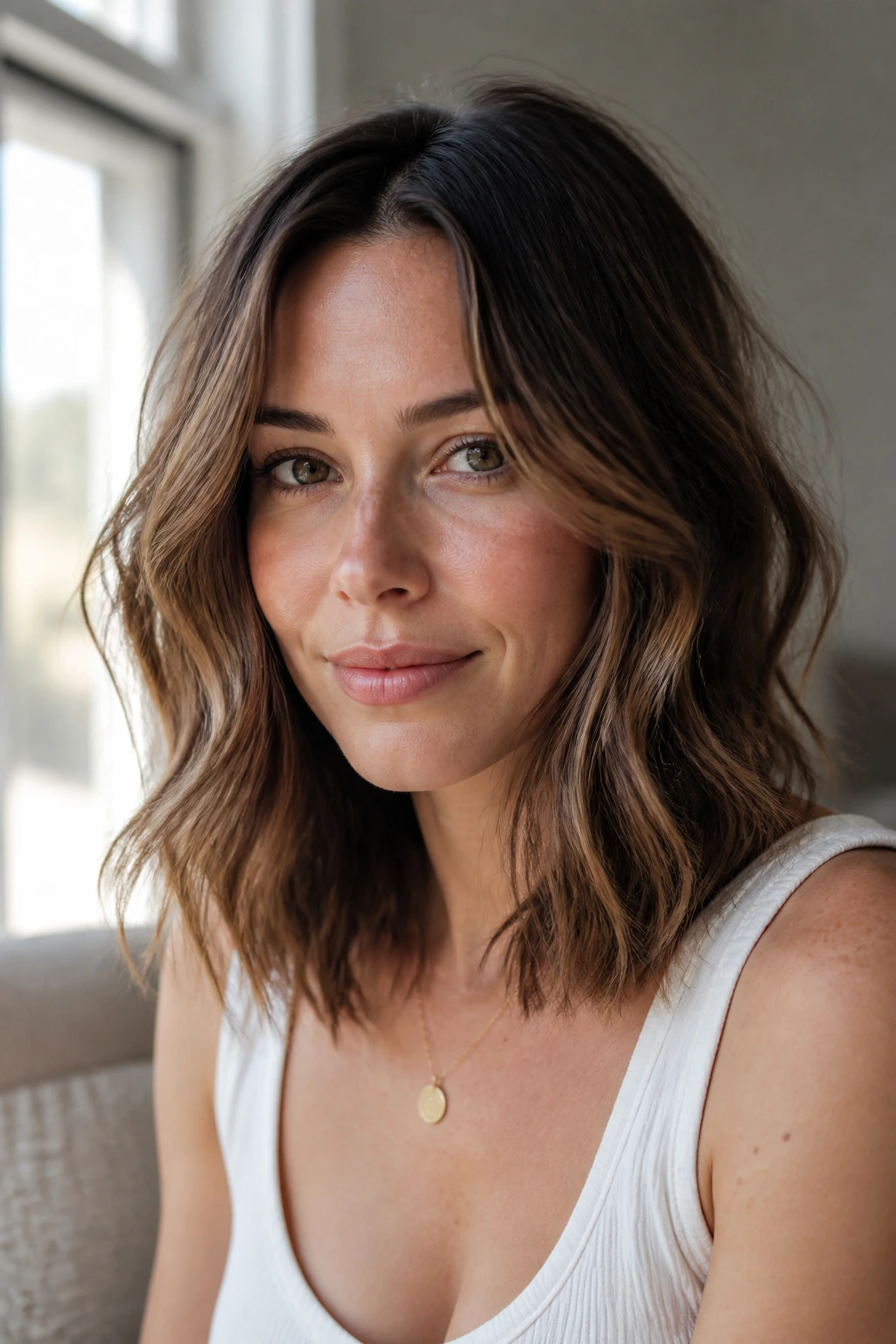 Portrait of a woman with air-dried wavy lob and natural texture