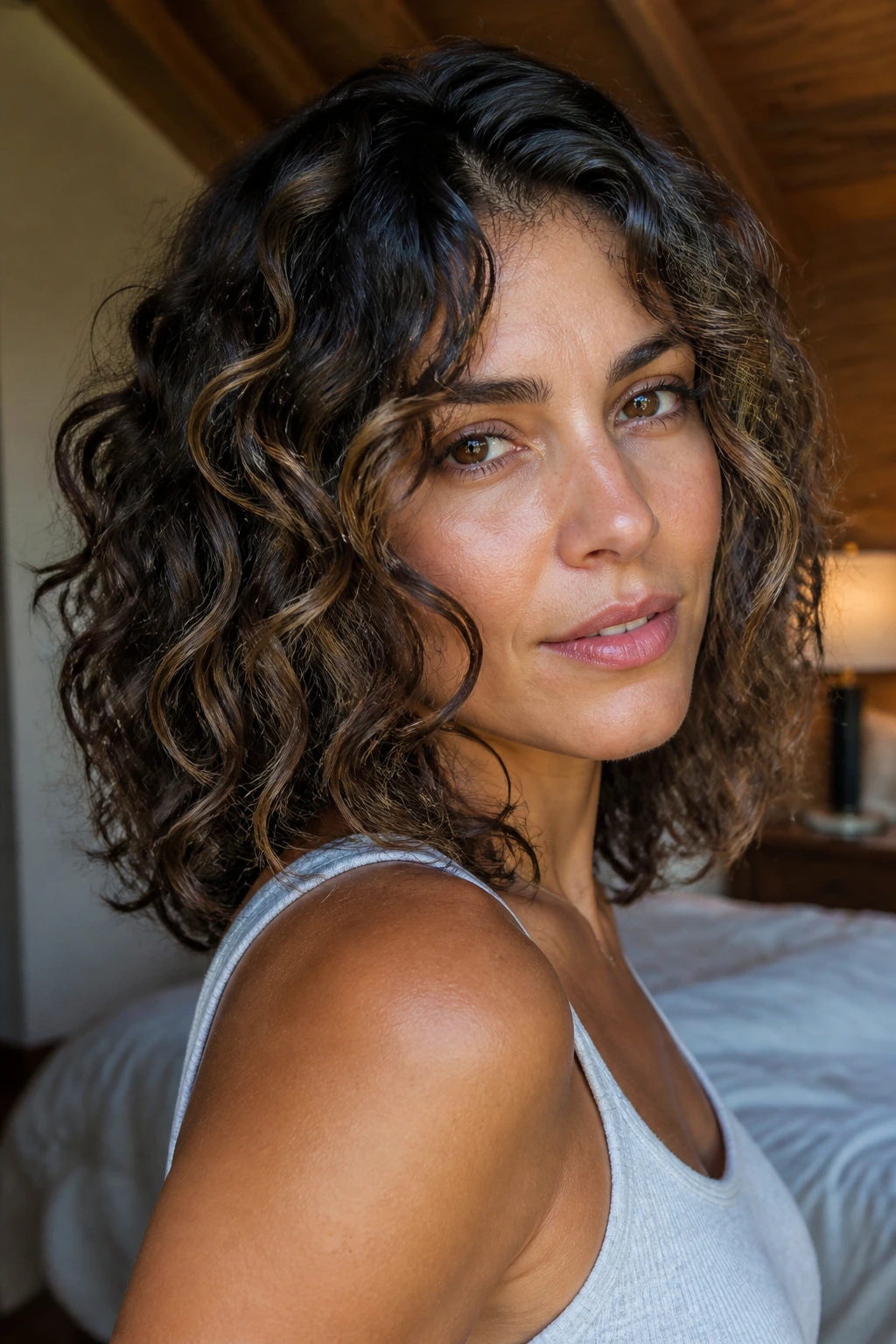 Close-up of a real woman with air-dried defined waves on medium-length hair in a softly lit bedroom