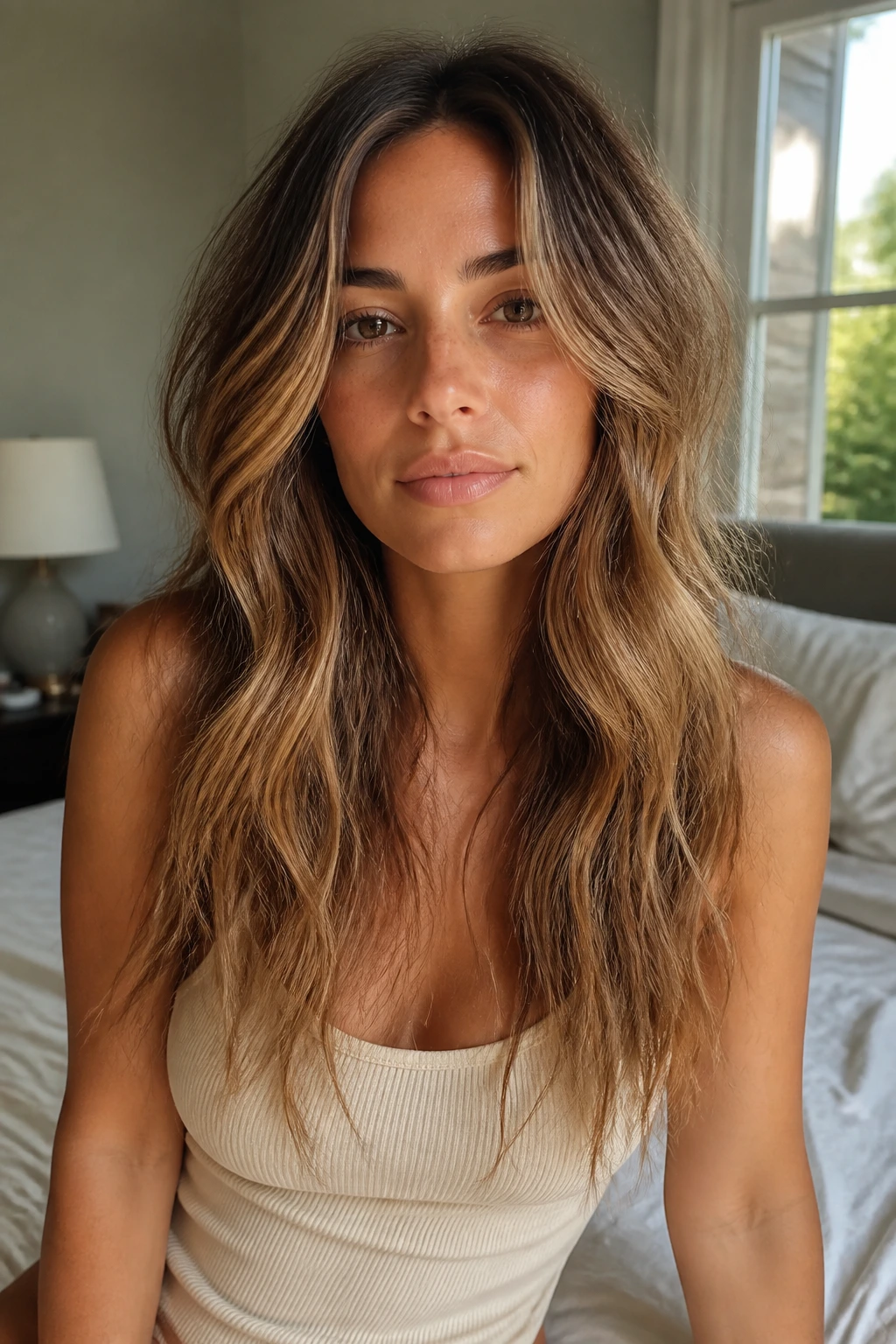 Close-up of a real woman with air-dried waves and micro-layers with caramel highlights