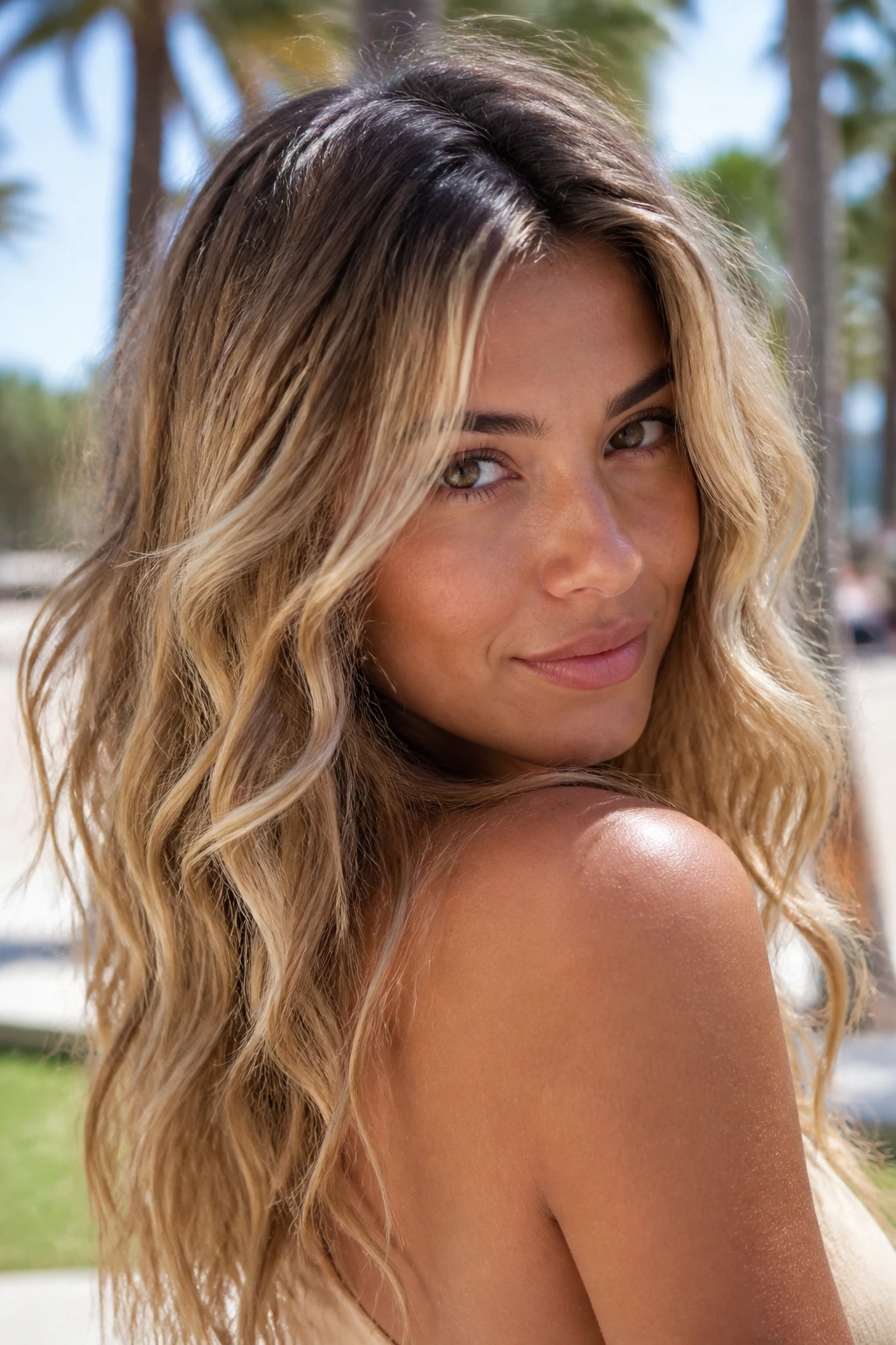 Portrait of a real woman with air-dried waves and mixed blonde tones.