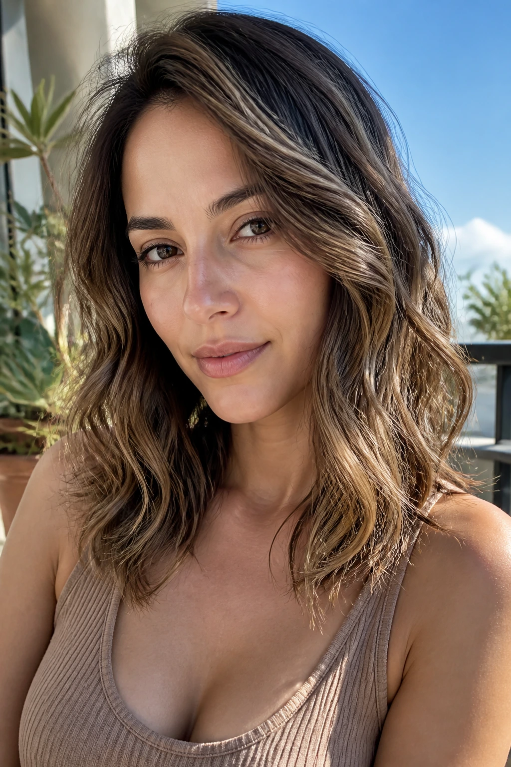 Real woman with natural waves and air-dried layers, close-up