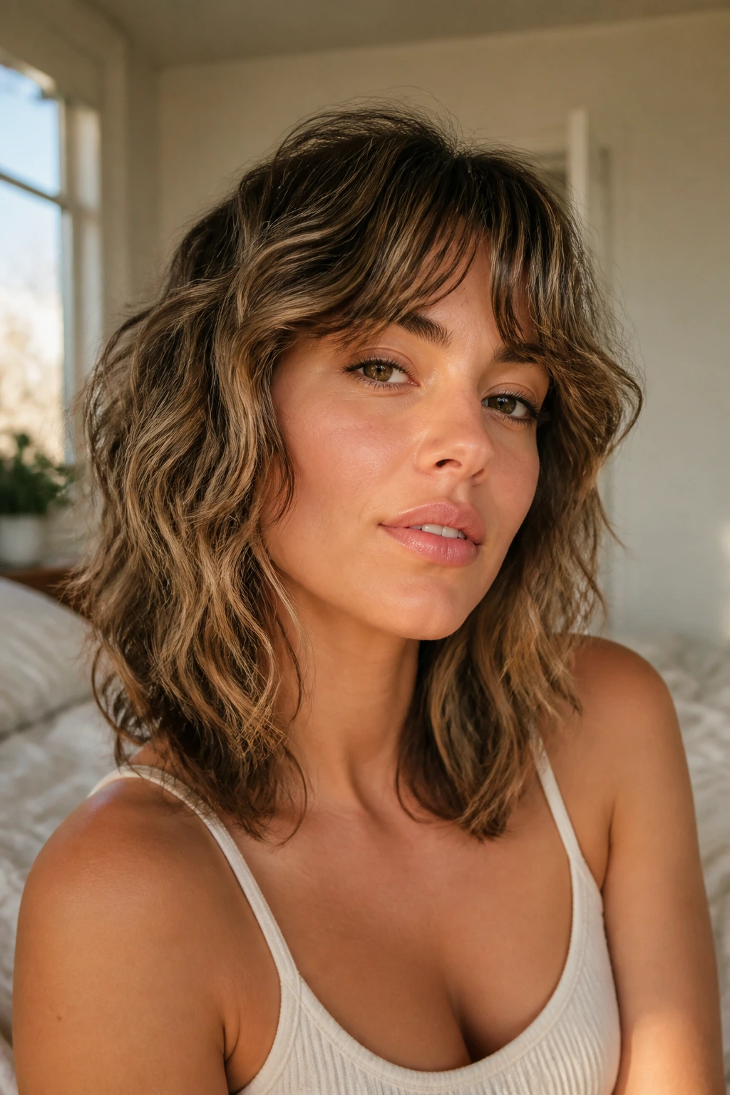 Close-up of a real woman with air-dried waves framing the face in natural light
