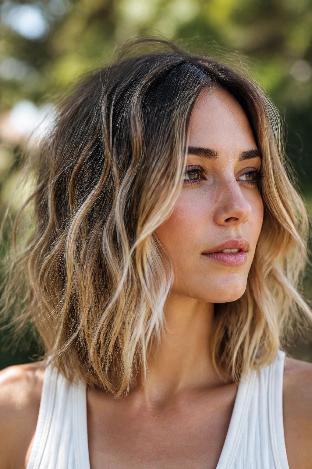 Woman with air-dried salt-spray waves in a sunlit outdoor setting