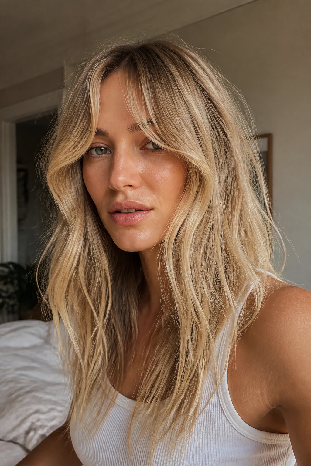 Close-up of a real woman with air-dried waves and split fringe