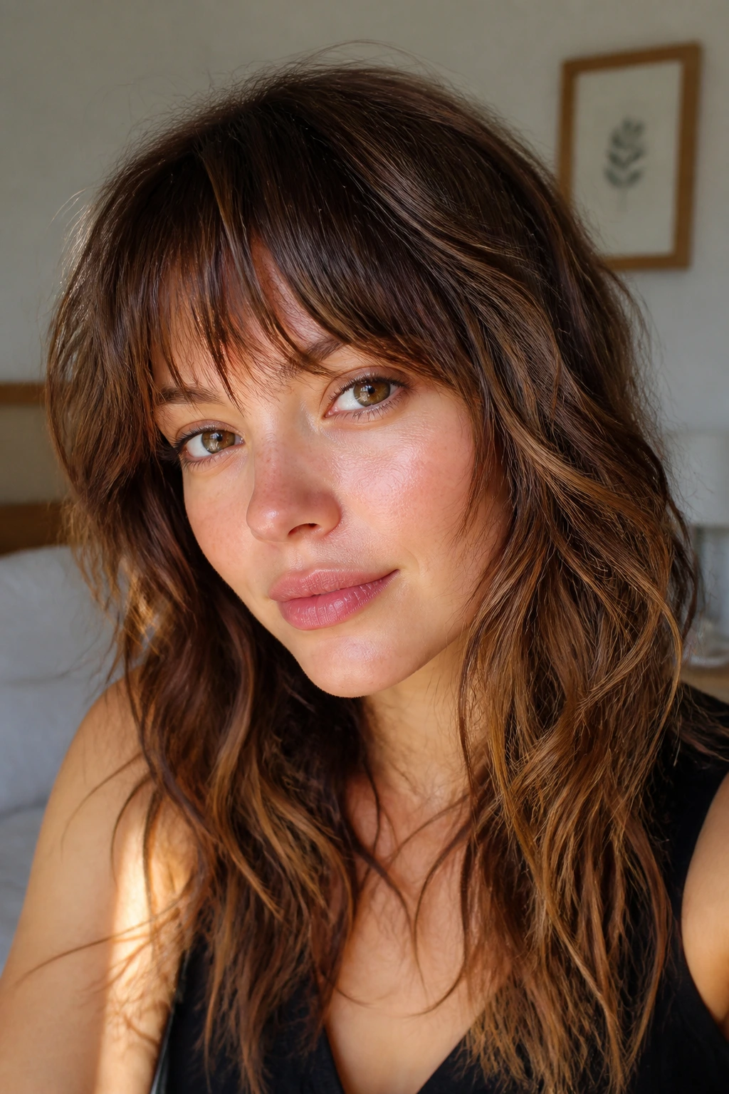 Portrait of a person with uneven fringe and air-dried waves in sunlight