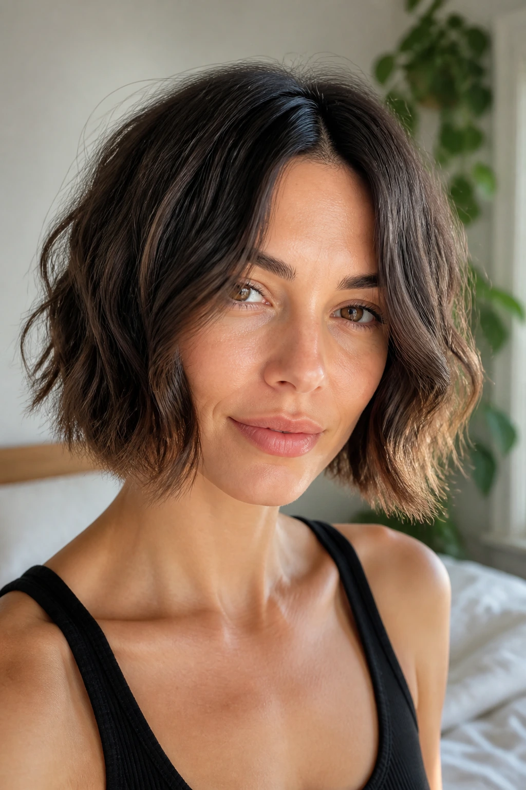 Close-up of a real woman with an air-dried wavy bob and soft bend