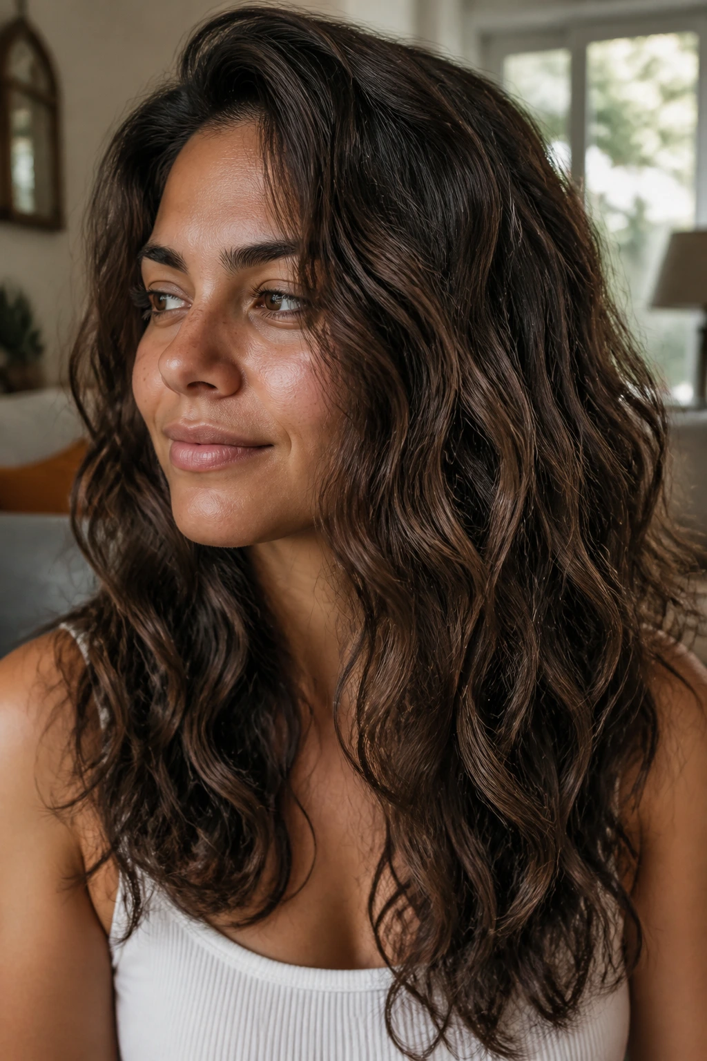 Close-up of a real woman with air-dried wavy layers and subtle cream for definition