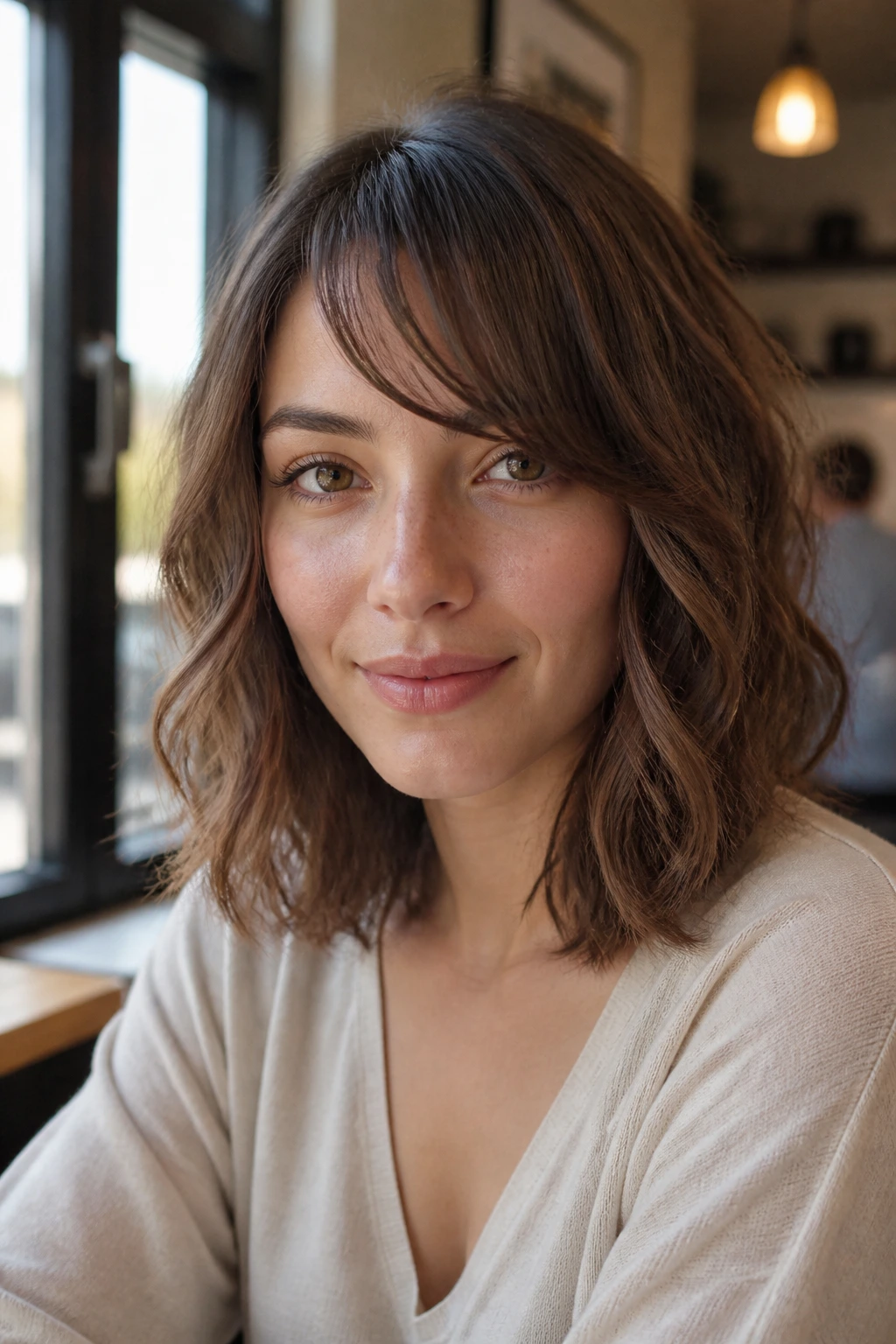 Close-up of real woman with air-dried wavy lob and light bang sweep