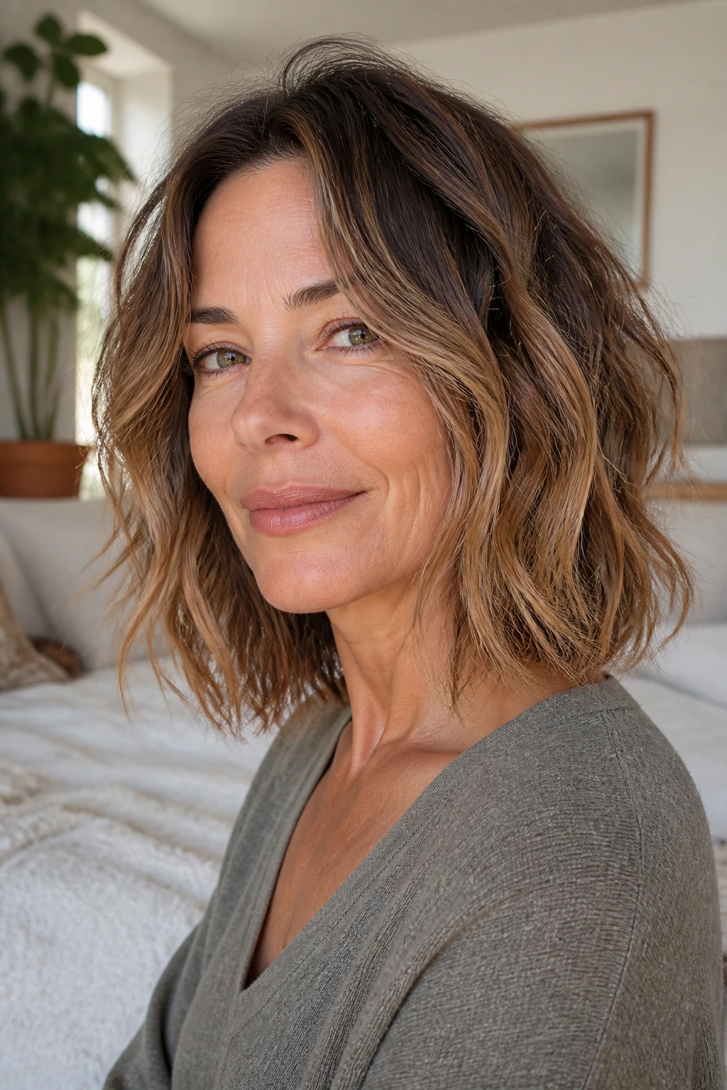 Close-up of a real woman with a collarbone-length air-dried wavy lob in natural light