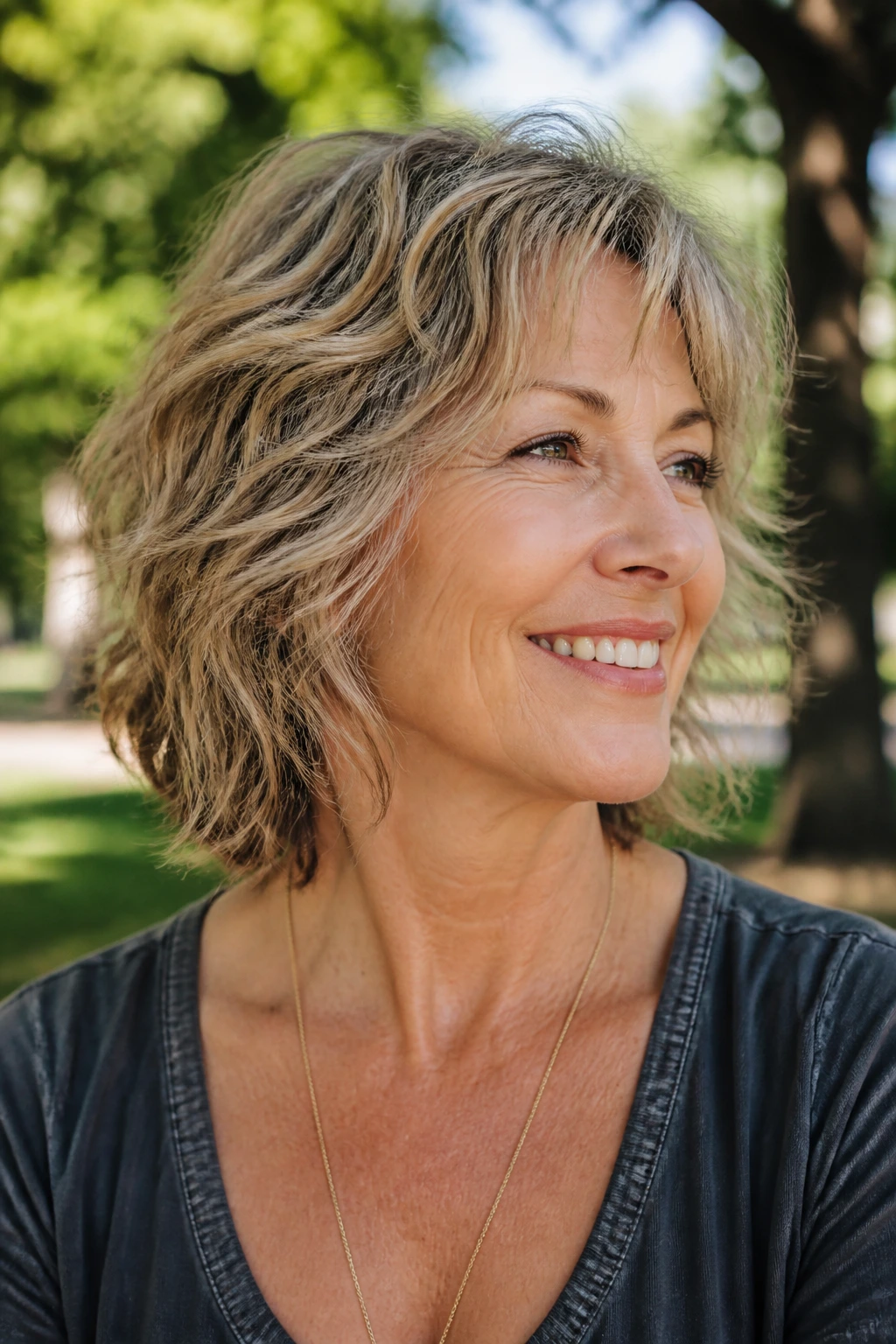 Portrait of a woman with air-dried wavy shag in an outdoor park.