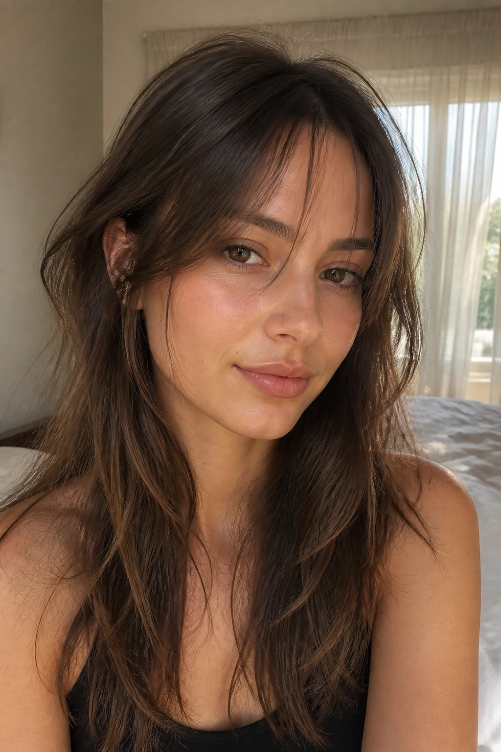 Close-up portrait of a real woman with irregular front wisps in sunlit bedroom.