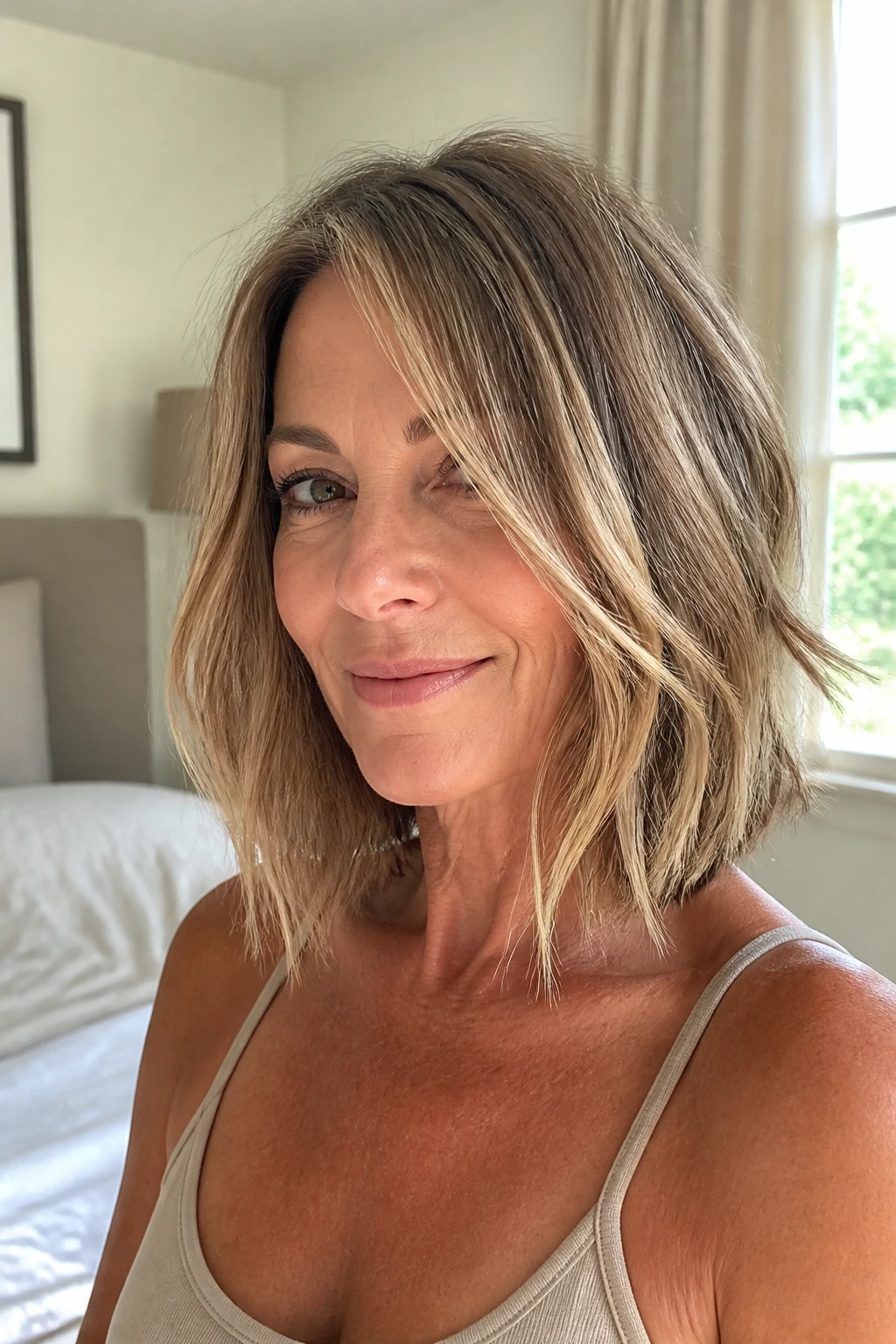 Close-up portrait of a real woman with an air-dry angled lob and soft wave in a sunlit bedroom