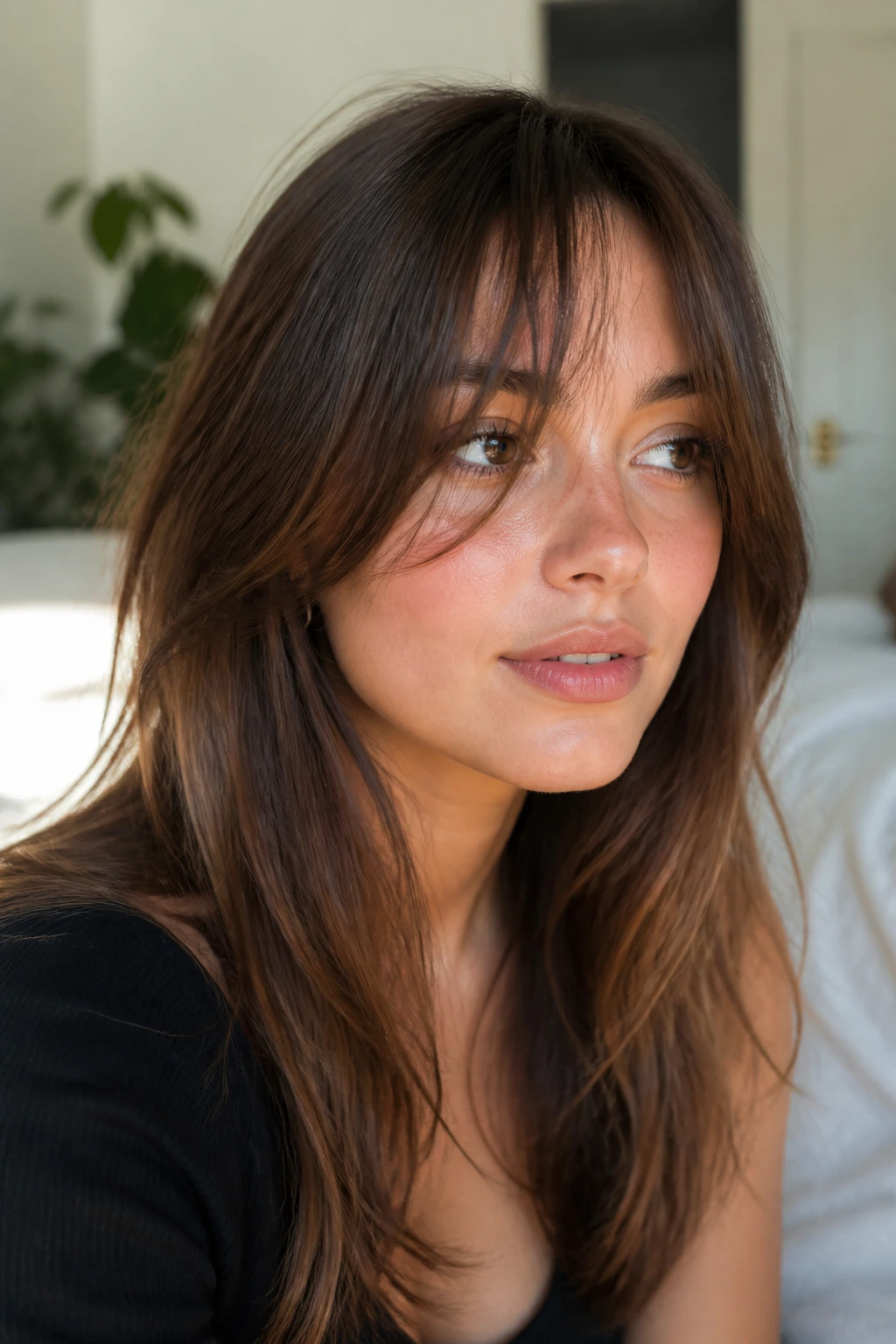 Close-up of a real woman with airy air-dry bangs settling naturally in sunlit room.