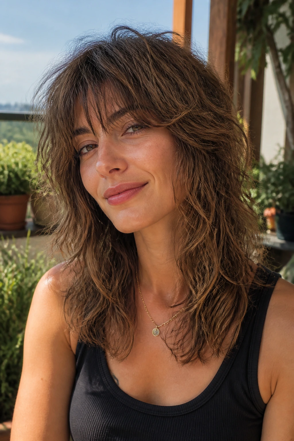 Close-up portrait of a real person with air-dry bend shag showing natural waves on a sunny balcony