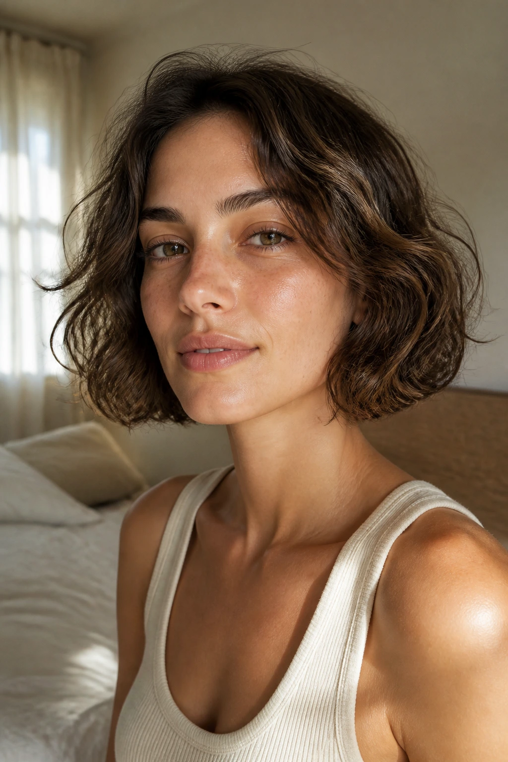 Real person with natural 2B texture in an air-dry bob, illuminated by soft bedroom light.