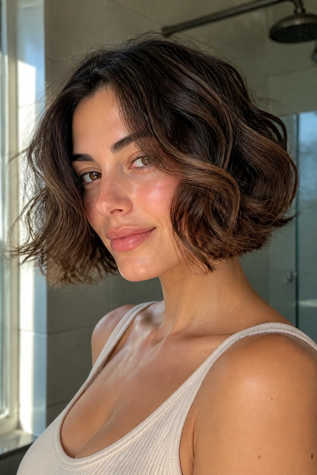 Close-up of a real woman with Air-Dry Bob with Diffused Ends, natural movement and diffused ends