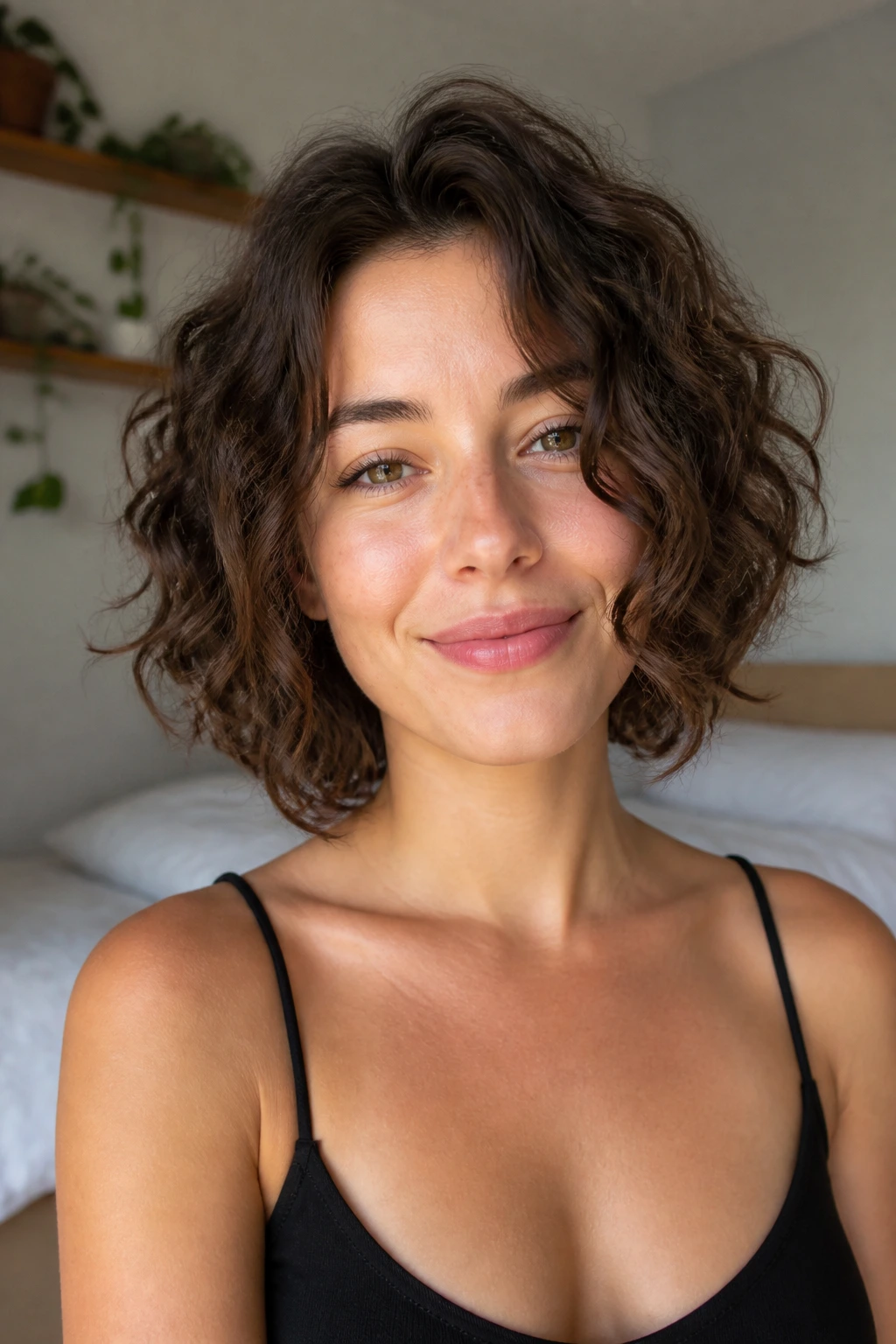 Close-up of a real woman with a low-maintenance air-dry bob.