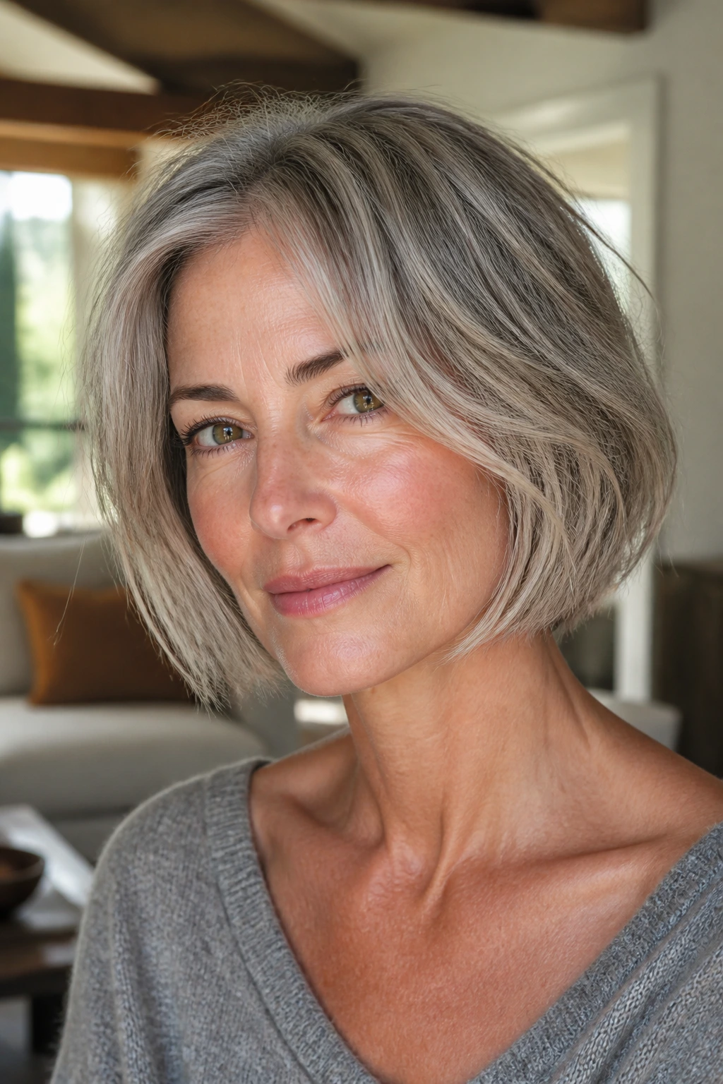 Real woman with air-dry bob in sunlit living room