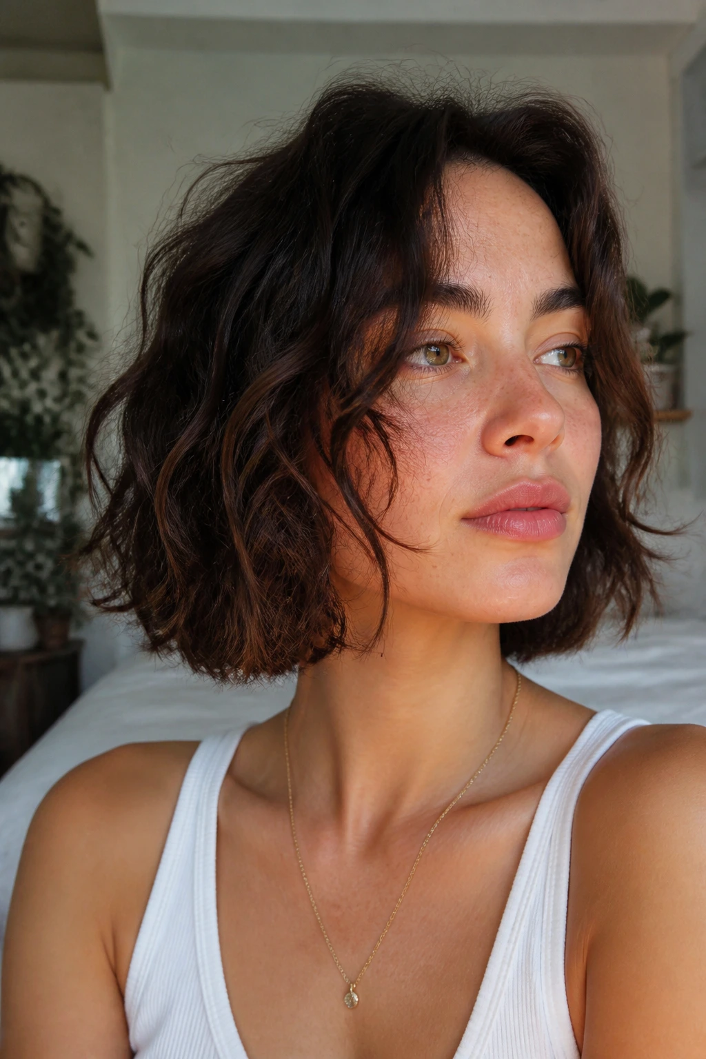 Real woman with air-dry bob and natural waves in a sunlit room.