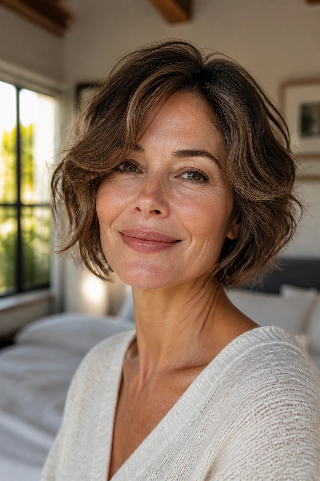 Close-up of a real woman with an air-dry bob in natural light
