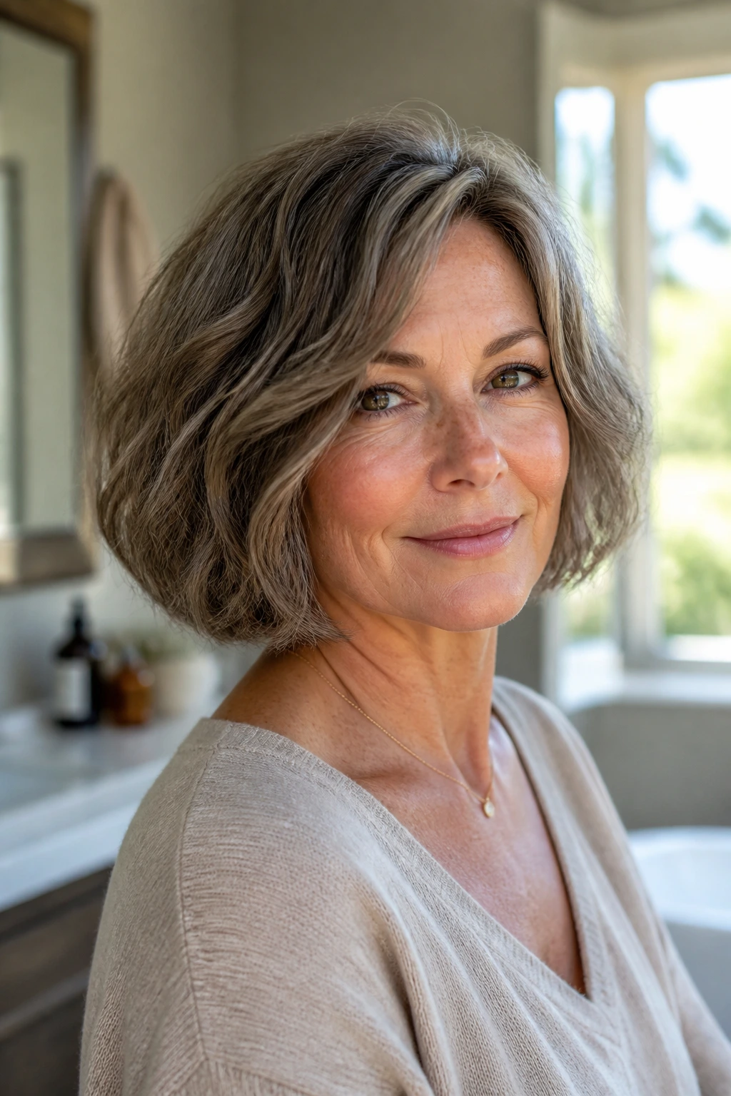 Close-up portrait of a real woman with an effortless air-dry bob in natural light